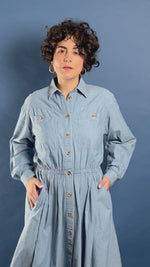 Load and play video in Gallery viewer, Vintage 1980s JAEGER Denim Maxi Aline Dress
