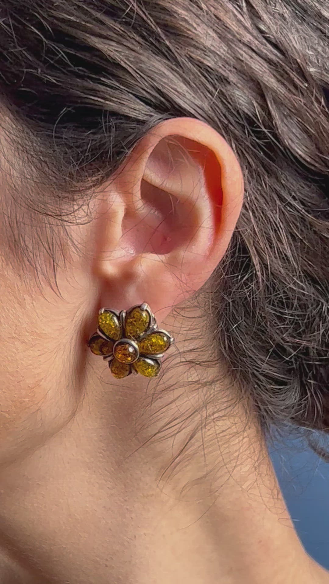 Vintage Silver Earrings w/ Green Amber Stones and Floral Design