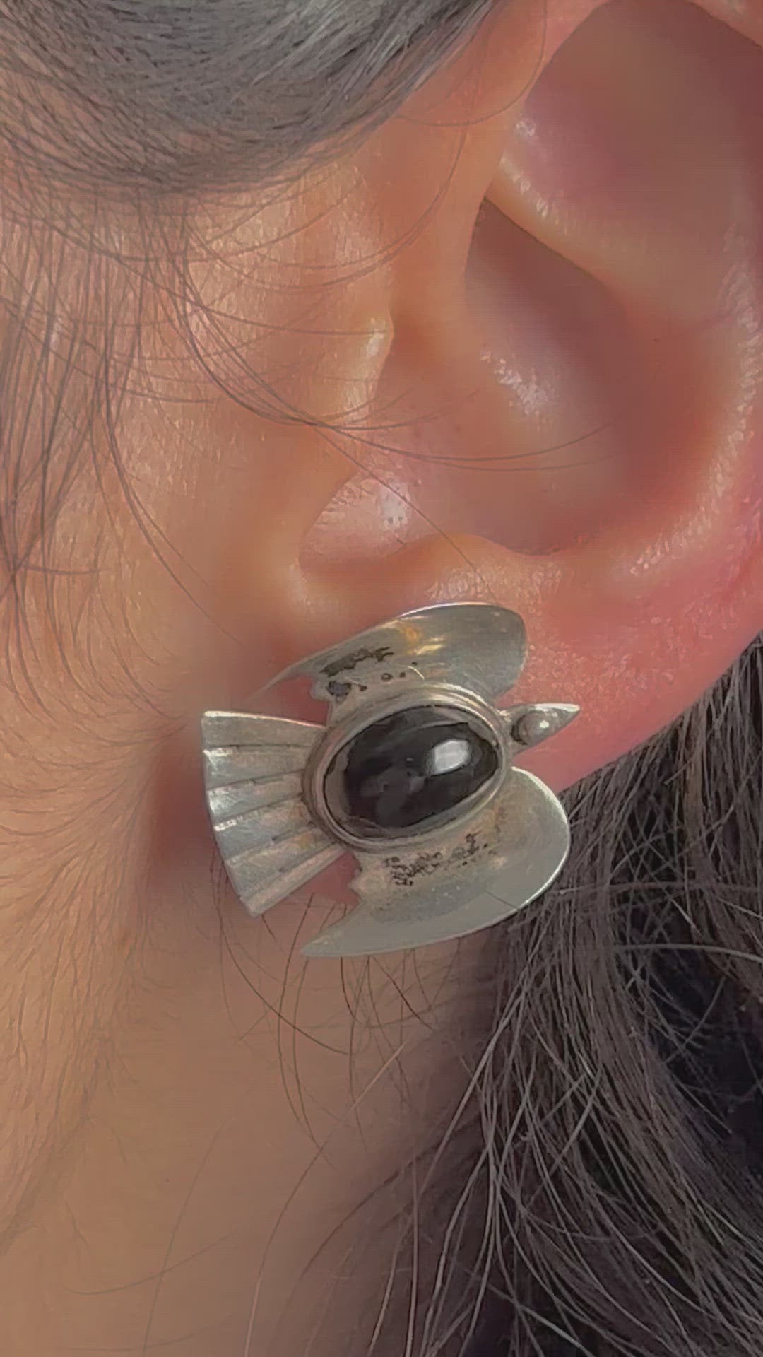 Vintage 1950s Mexican Silver & Onyx Thunderbird Earrings