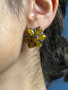 Vintage Silver Earrings w/ Green Amber Stones and Floral Design