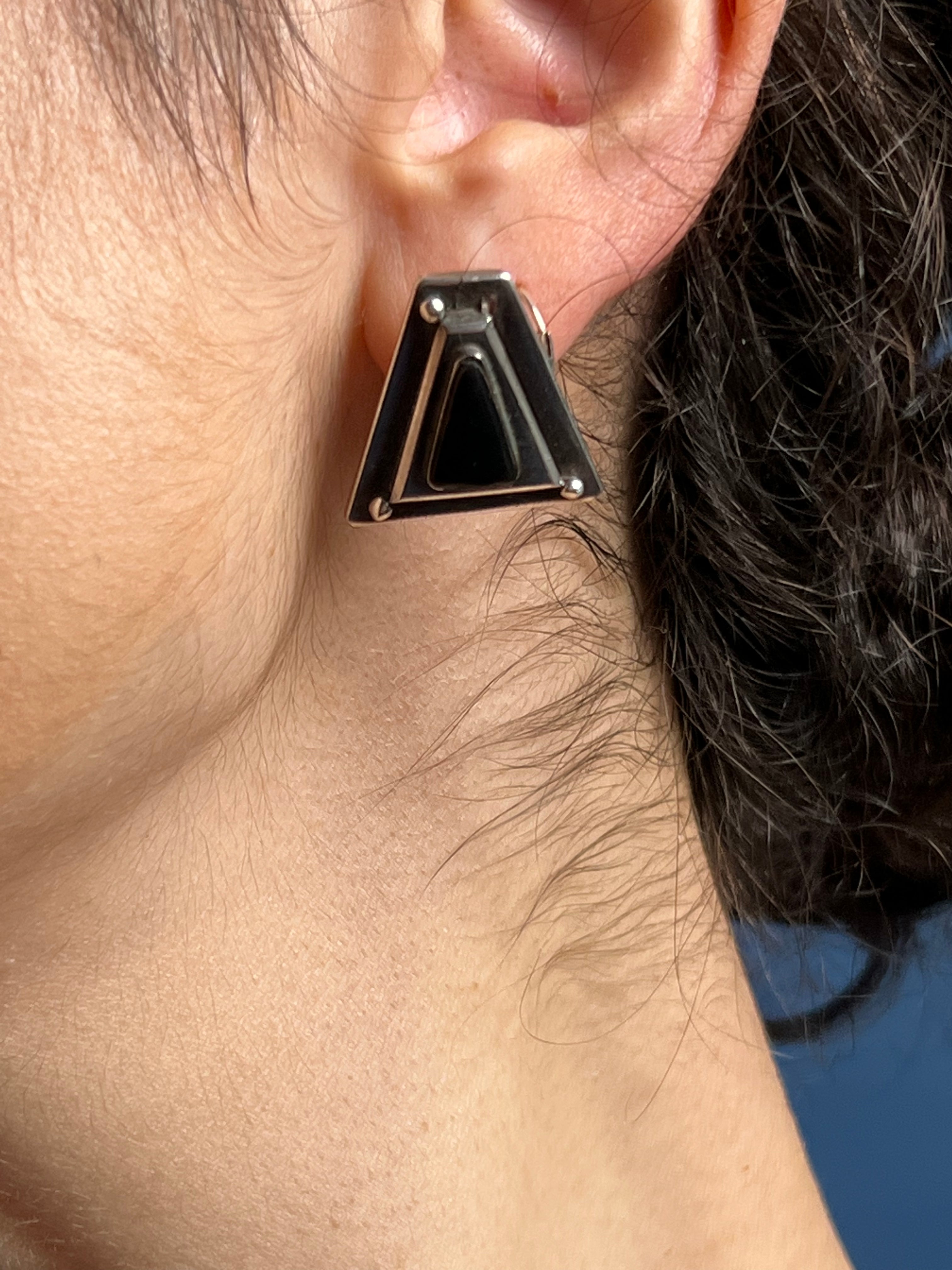 Vintage 1960s Brutalist Style Silver Earrings w/ Onyx Stone