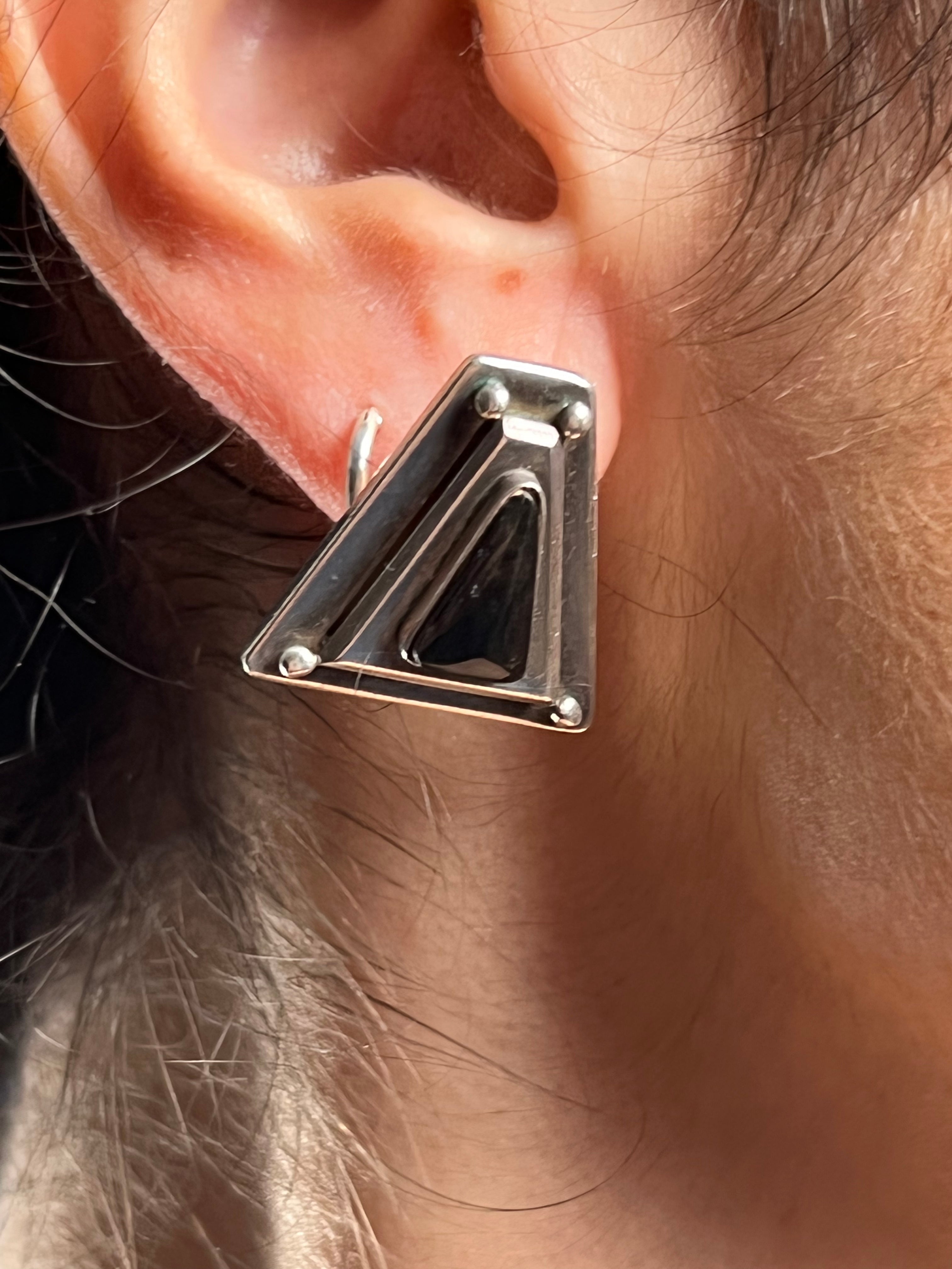 Vintage 1960s Brutalist Style Silver Earrings w/ Onyx Stone