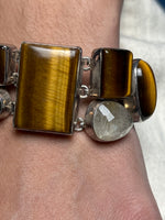 Load image into Gallery viewer, Vintage 1960s Silver Tiger Eye, Hematite, Mother of Perl, Clear Quartz Bracelet
