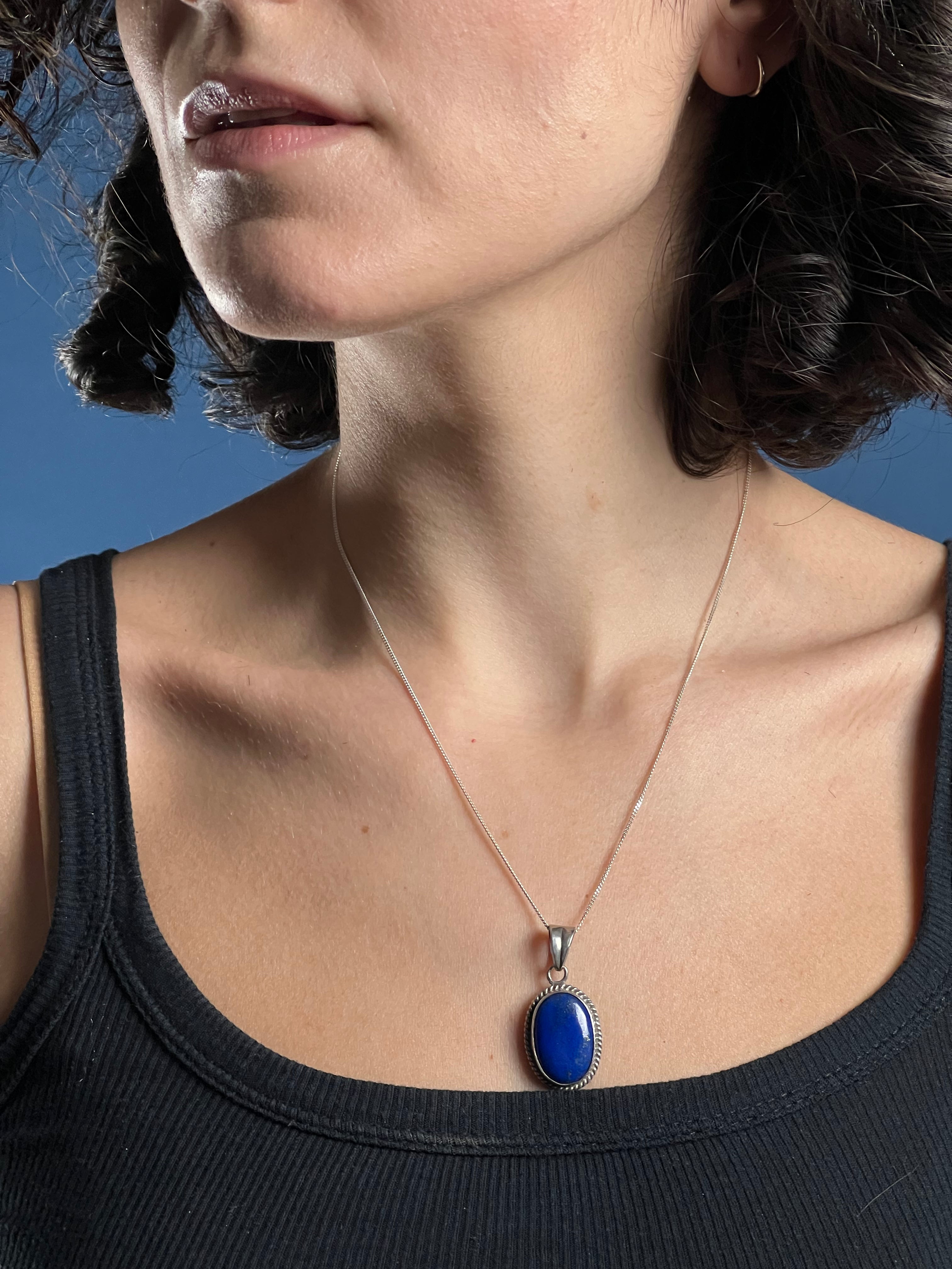 Vintage 1970s Lapis Lazuli Silver Pendant Necklace