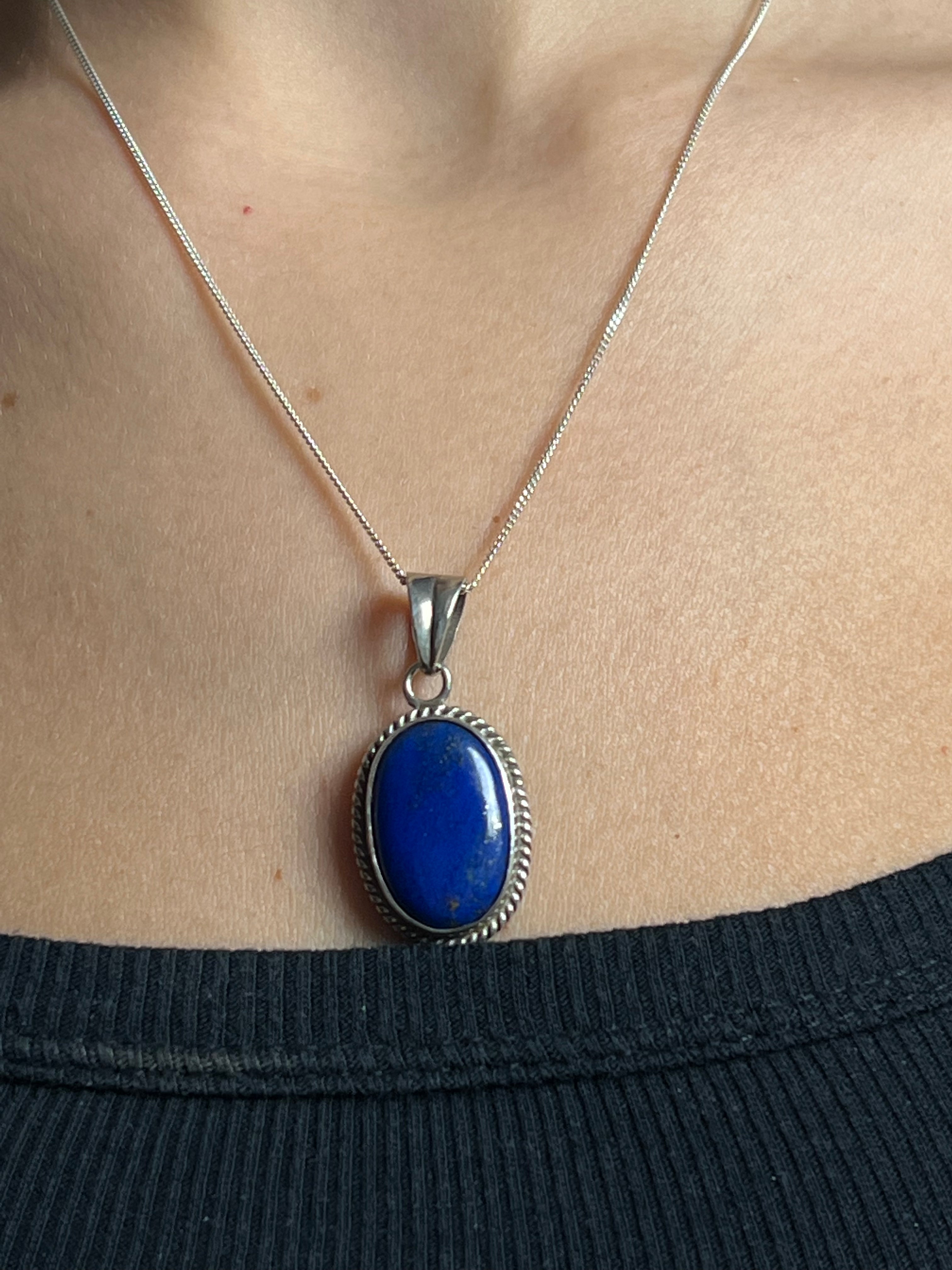 Vintage 1970s Lapis Lazuli Silver Pendant Necklace