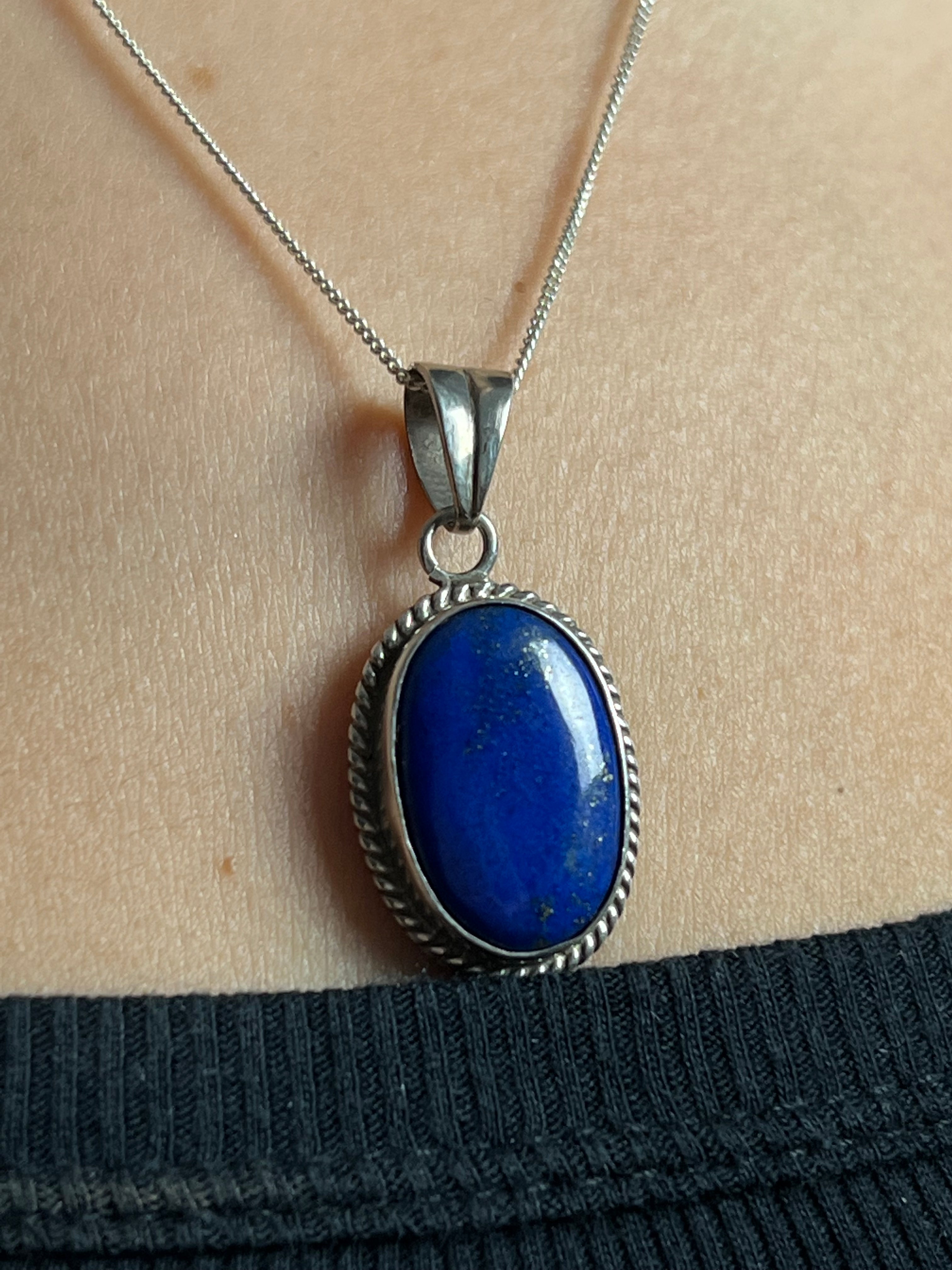 Vintage 1970s Lapis Lazuli Silver Pendant Necklace