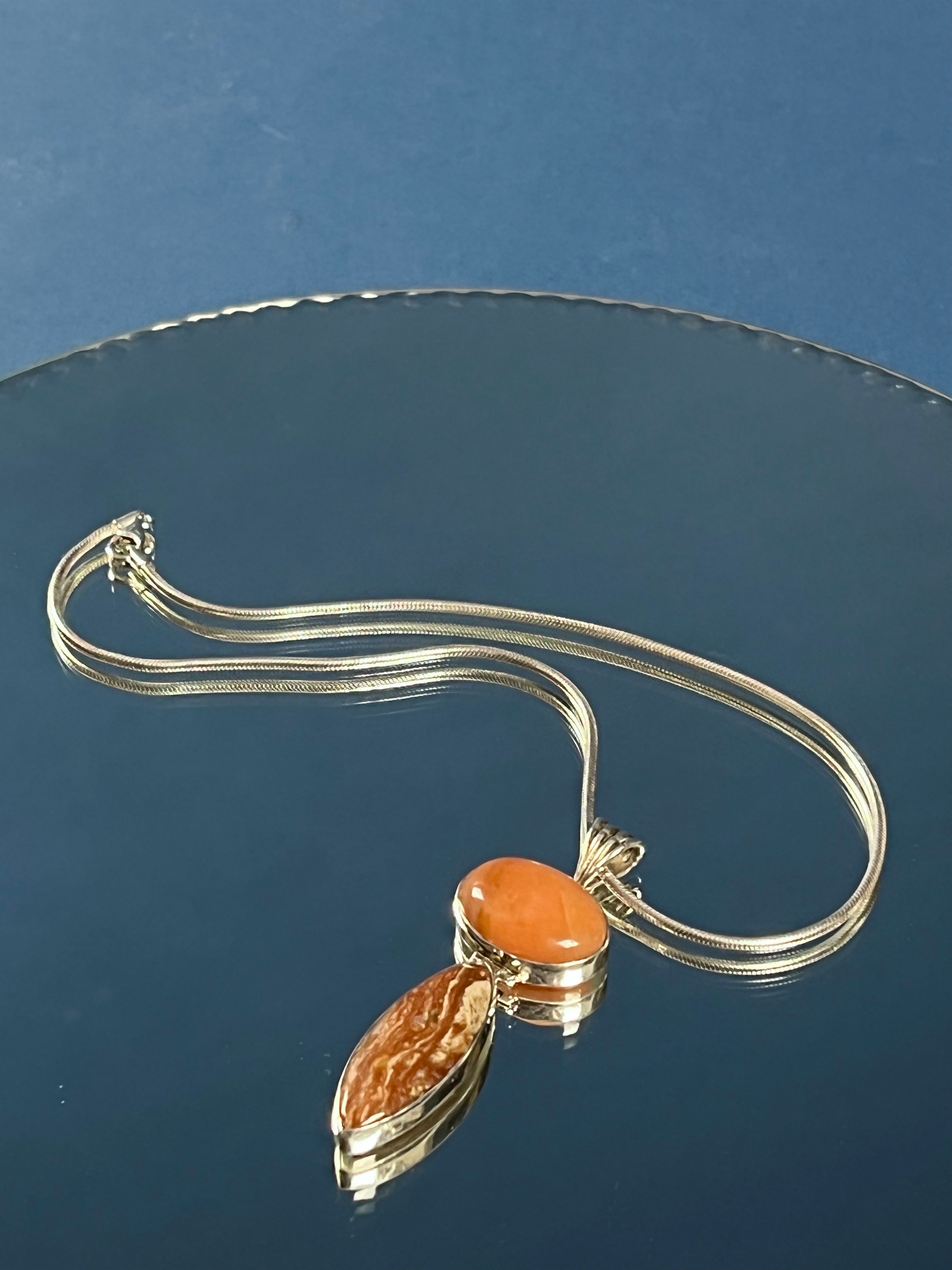 Vintage 1960s Orange Selenite & Orange Calcite Stone Pendant Silver Necklace w/ Link Chain