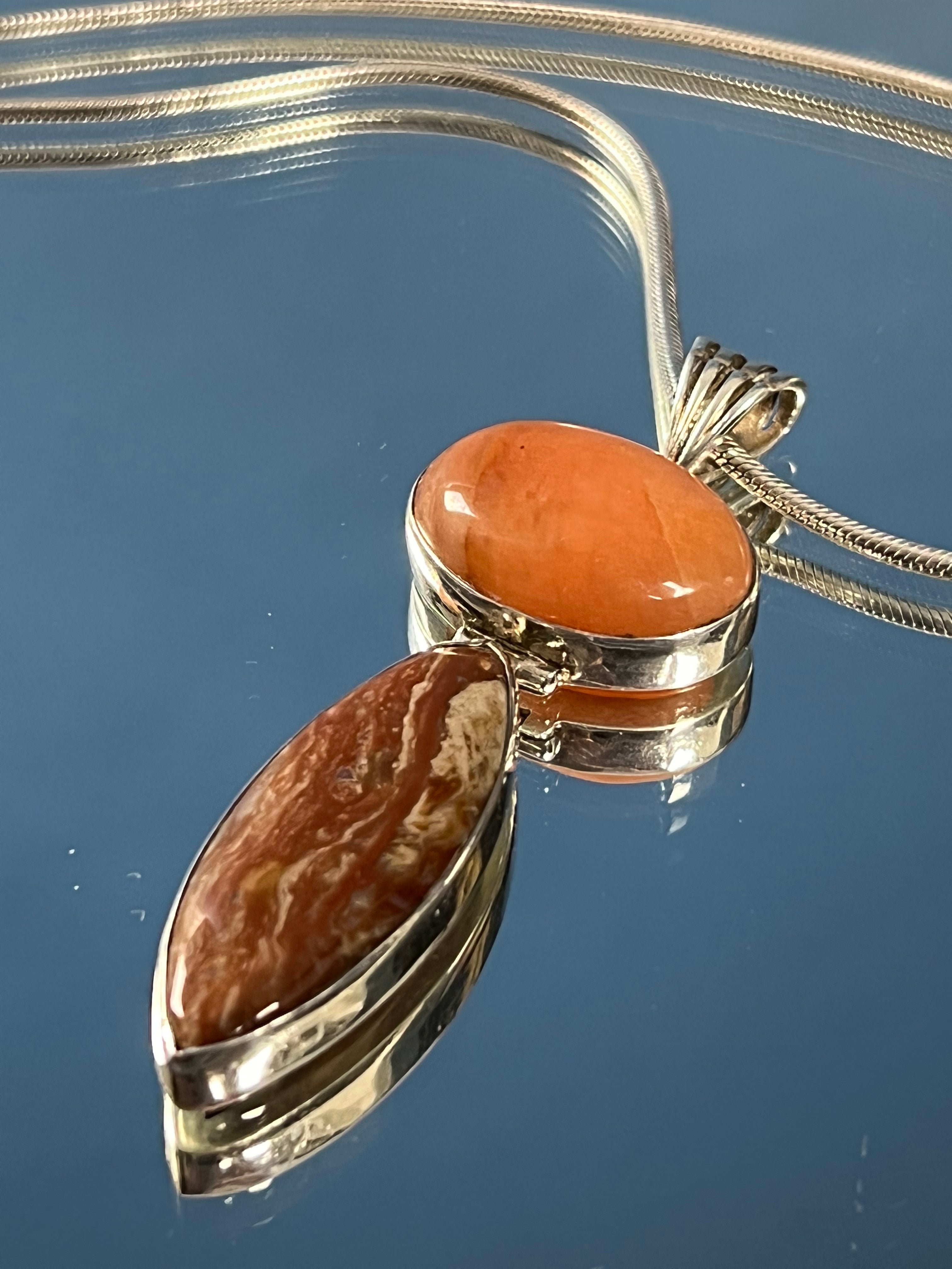 Vintage 1960s Orange Selenite & Orange Calcite Stone Pendant Silver Necklace w/ Link Chain