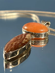 Vintage 1960s Orange Selenite & Orange Calcite Stone Pendant Silver Necklace w/ Link Chain