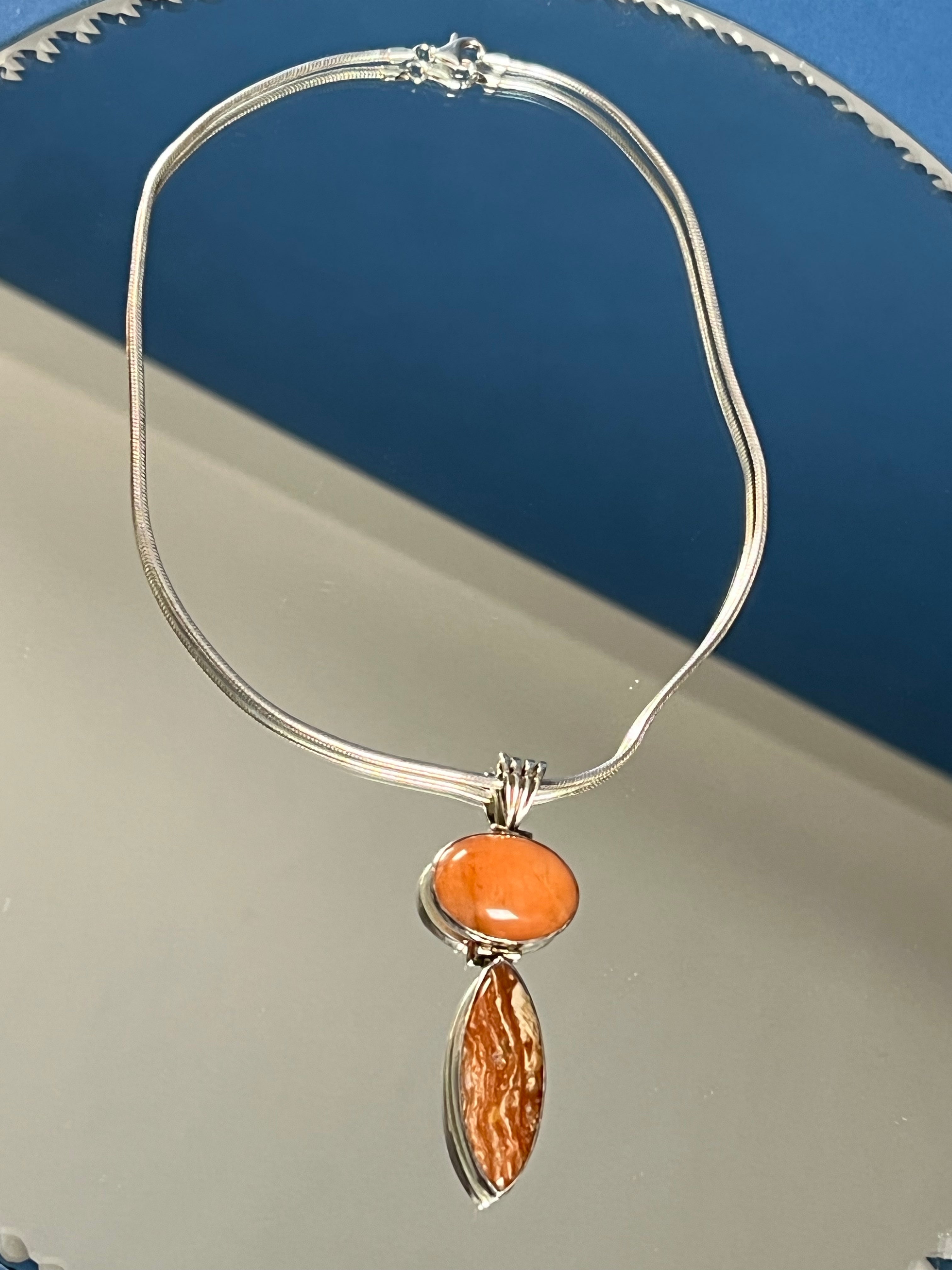 Vintage 1960s Orange Selenite & Orange Calcite Stone Pendant Silver Necklace w/ Link Chain