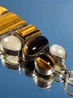 Load image into Gallery viewer, Vintage 1960s Silver Tiger Eye, Hematite, Mother of Perl, Clear Quartz Bracelet
