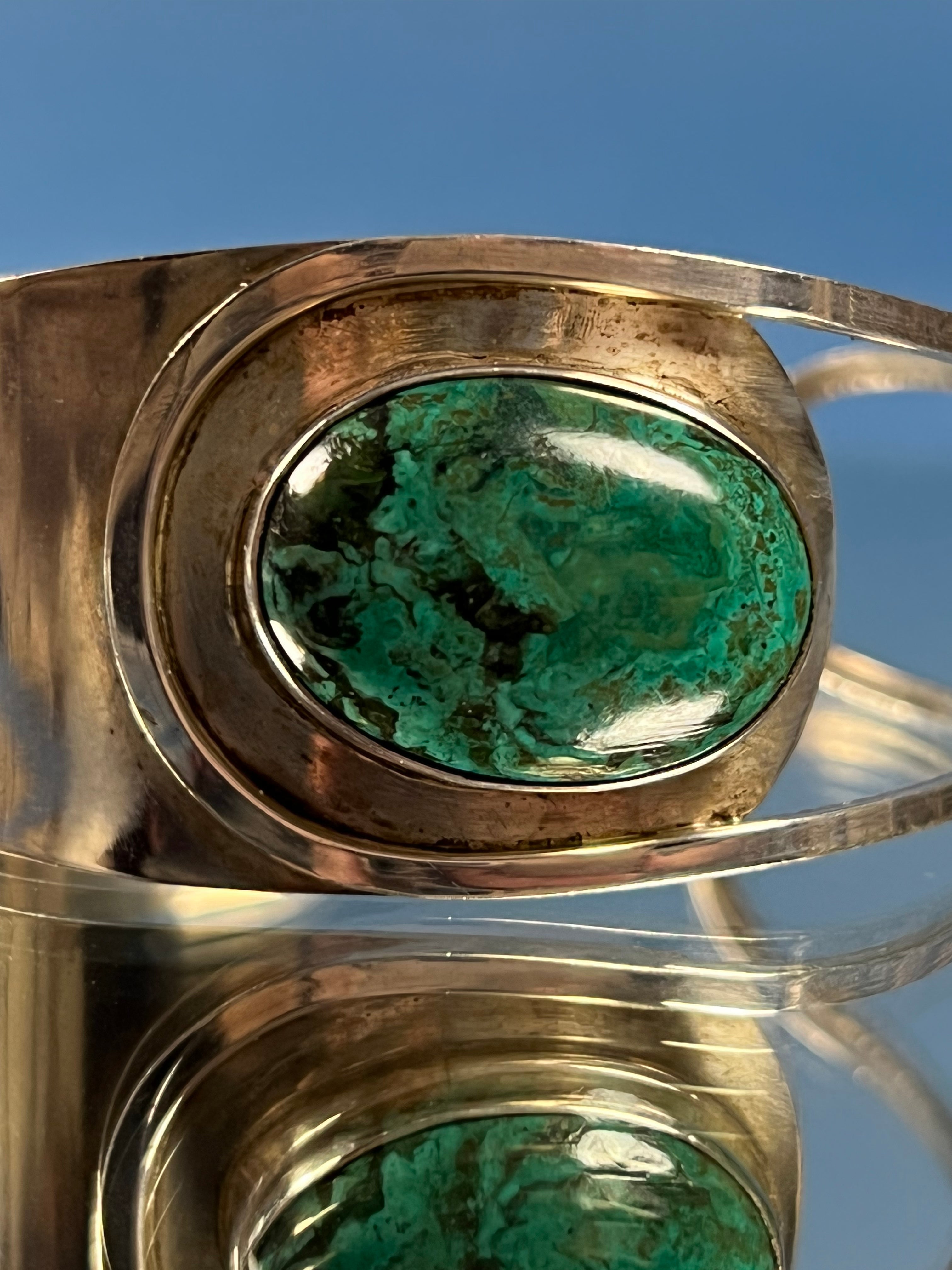 Vintage Mexico Silver Malachite Cuff Bracelet