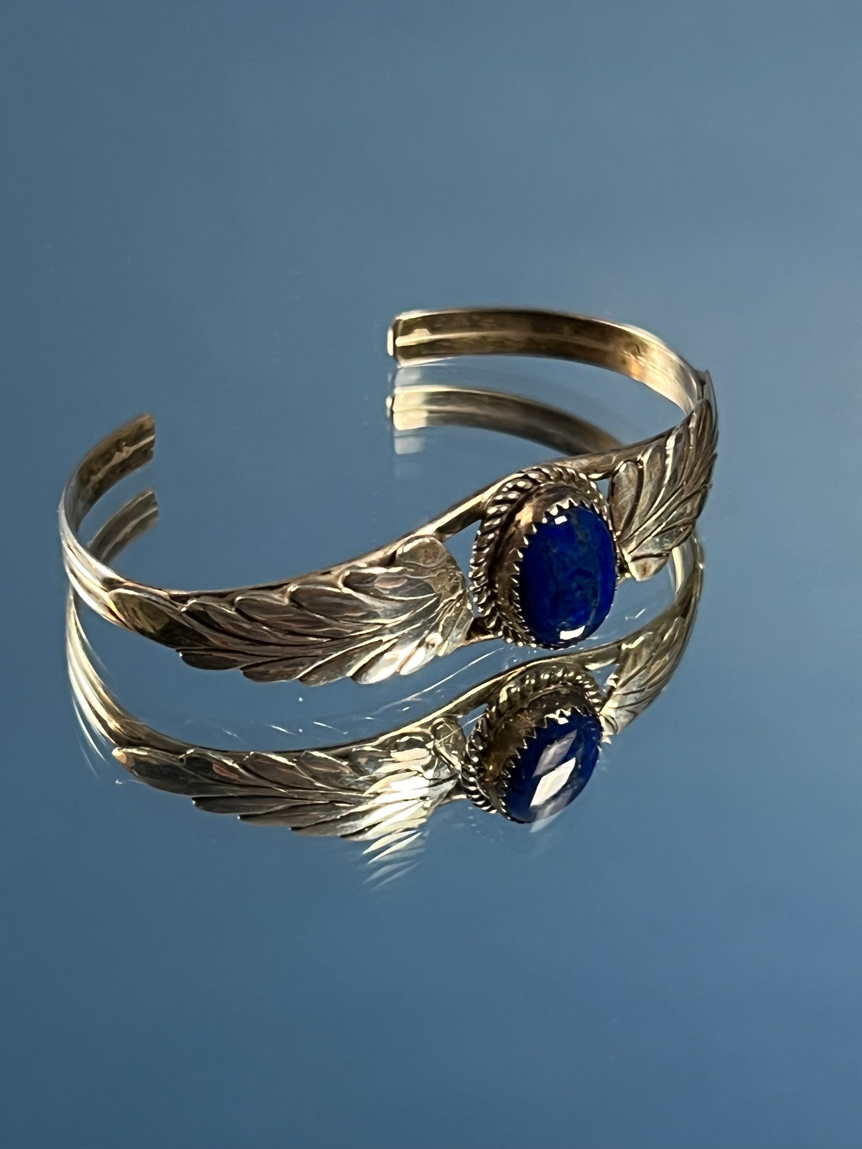 Vintage 1970s Native American Silver Cuff w/ Floral style & Lapis Lazuli Stone