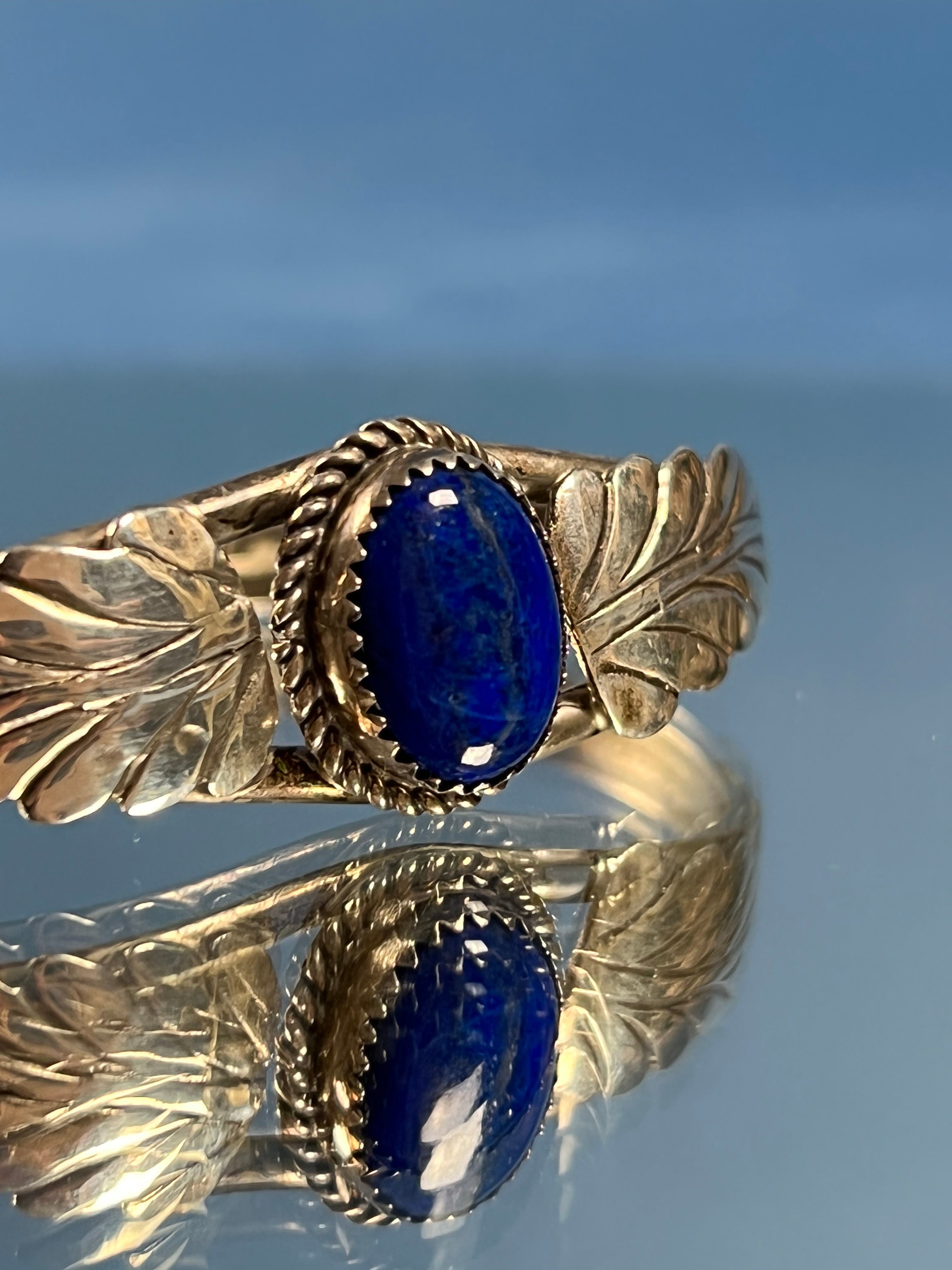 Vintage 1970s Native American Silver Cuff w/ Floral style & Lapis Lazuli Stone