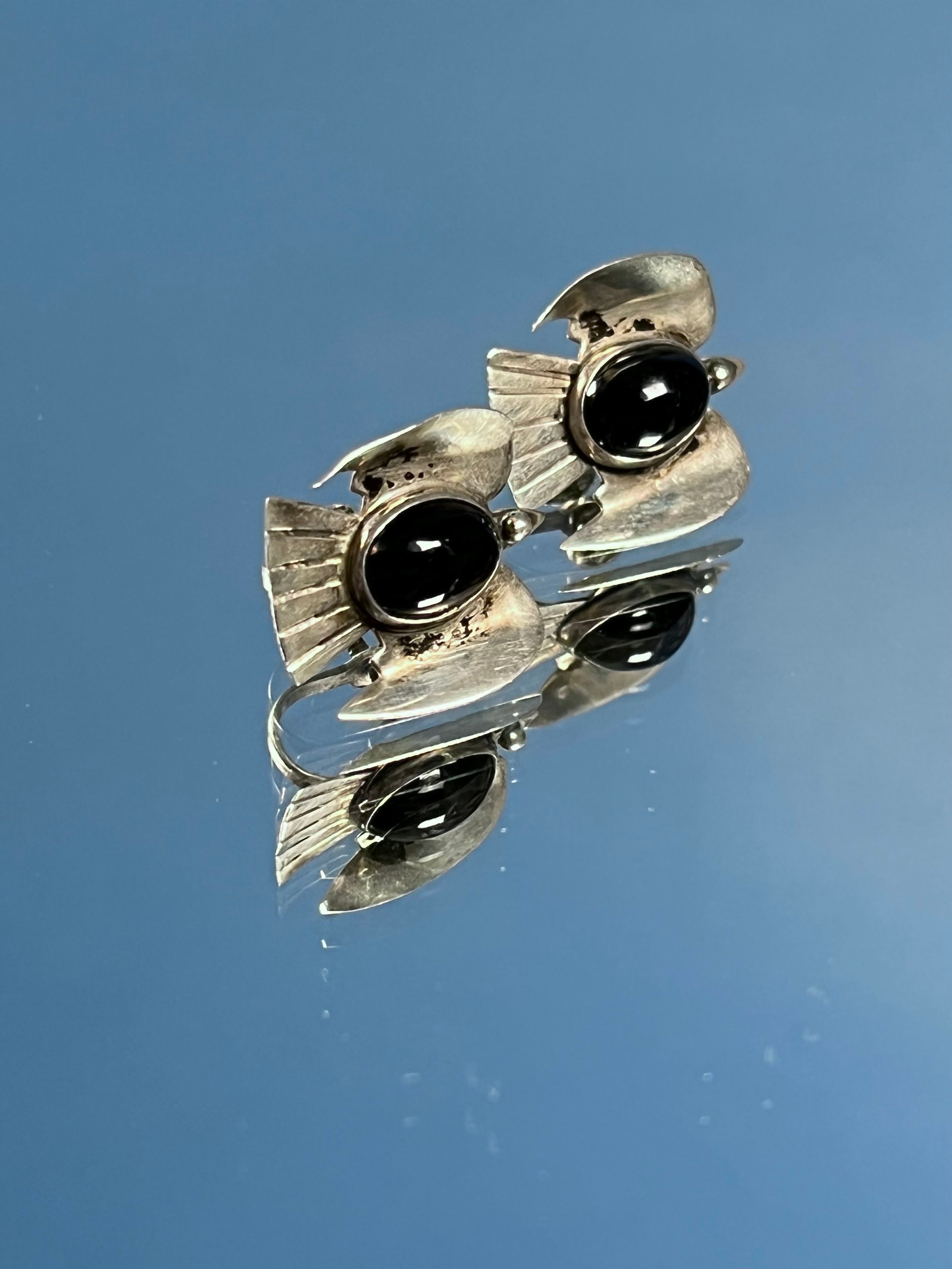 Vintage 1950s Mexican Silver & Onyx Thunderbird Earrings