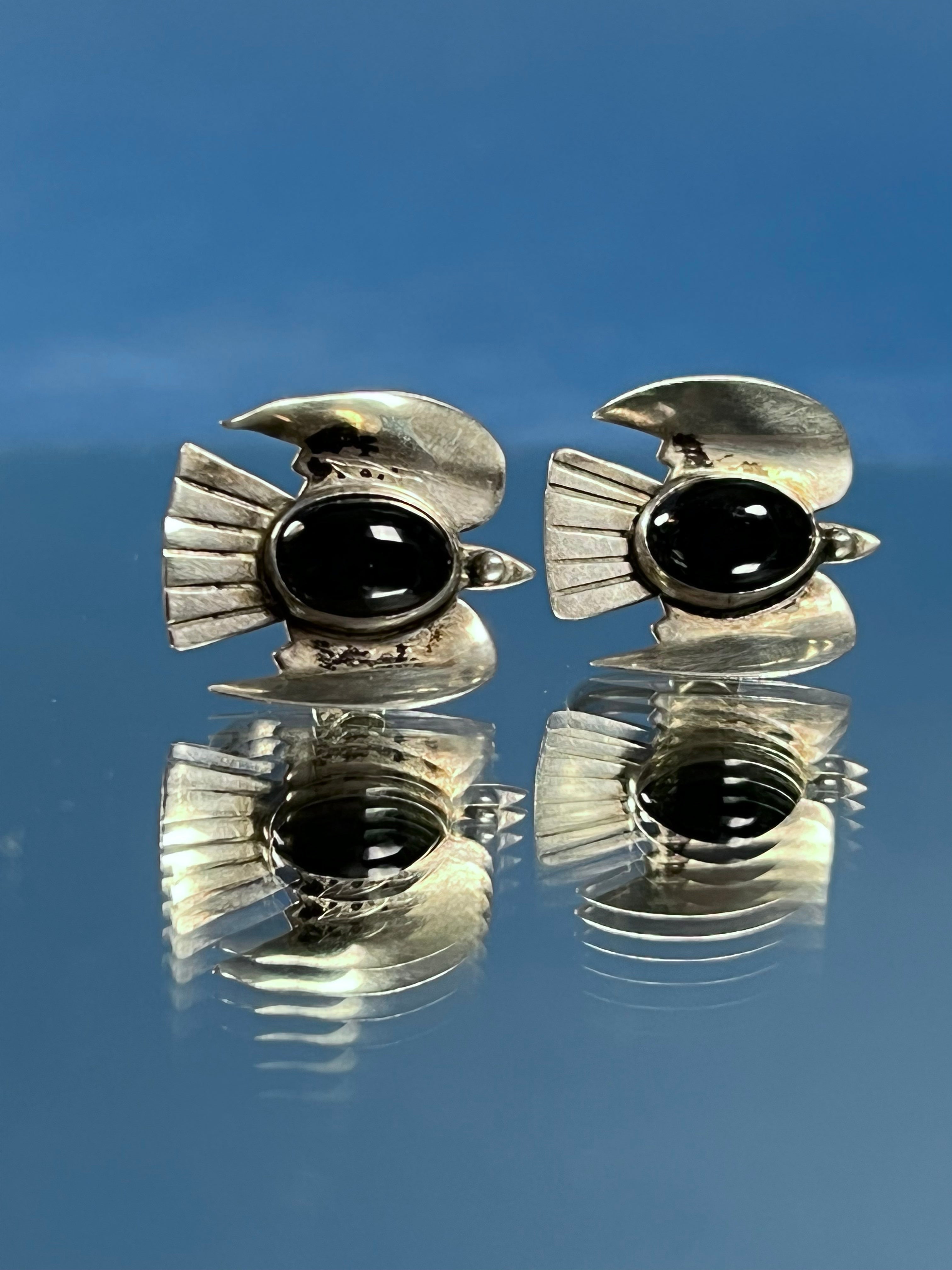 Vintage 1950s Mexican Silver & Onyx Thunderbird Earrings