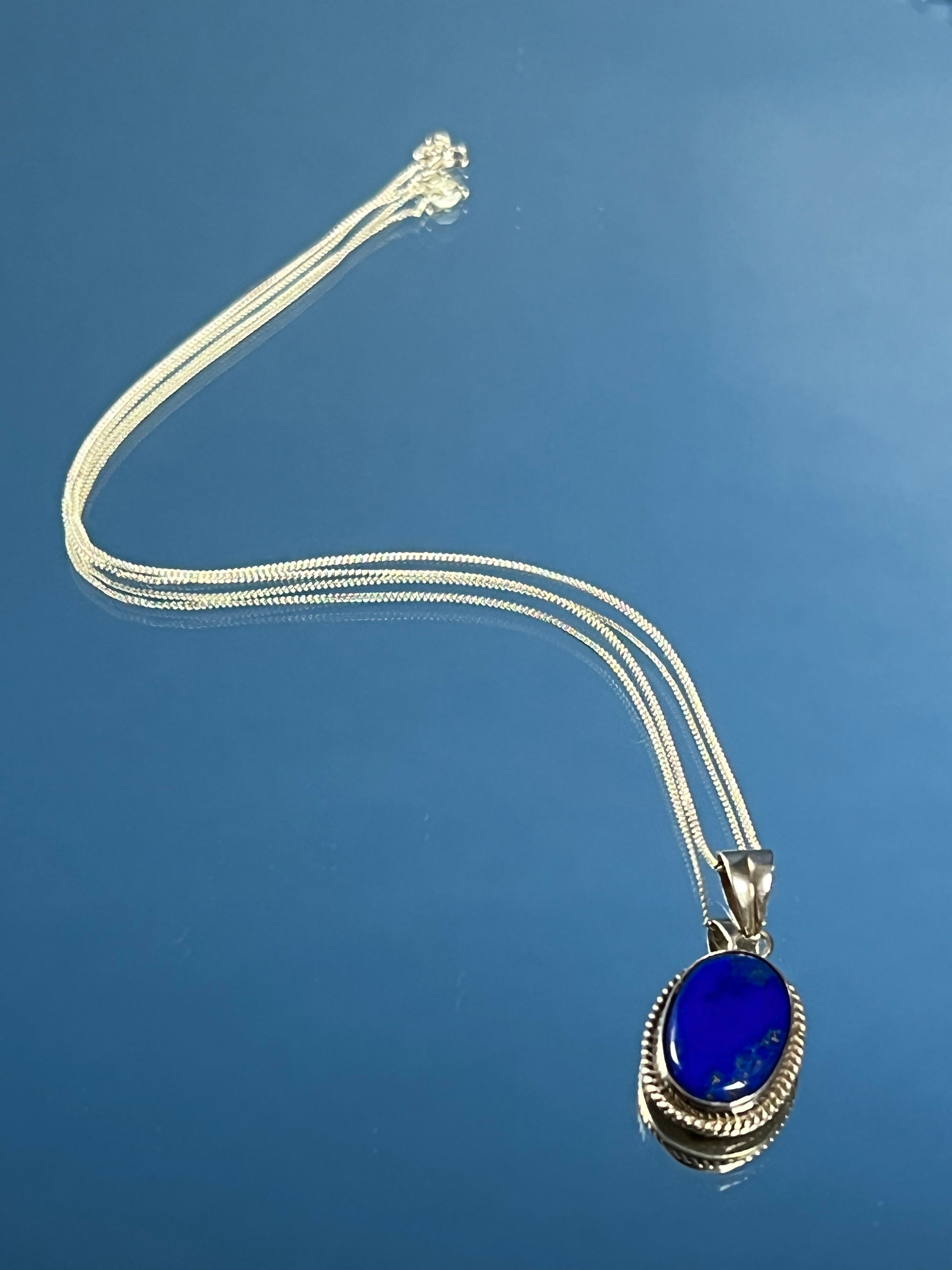 Vintage 1970s Lapis Lazuli Silver Pendant Necklace