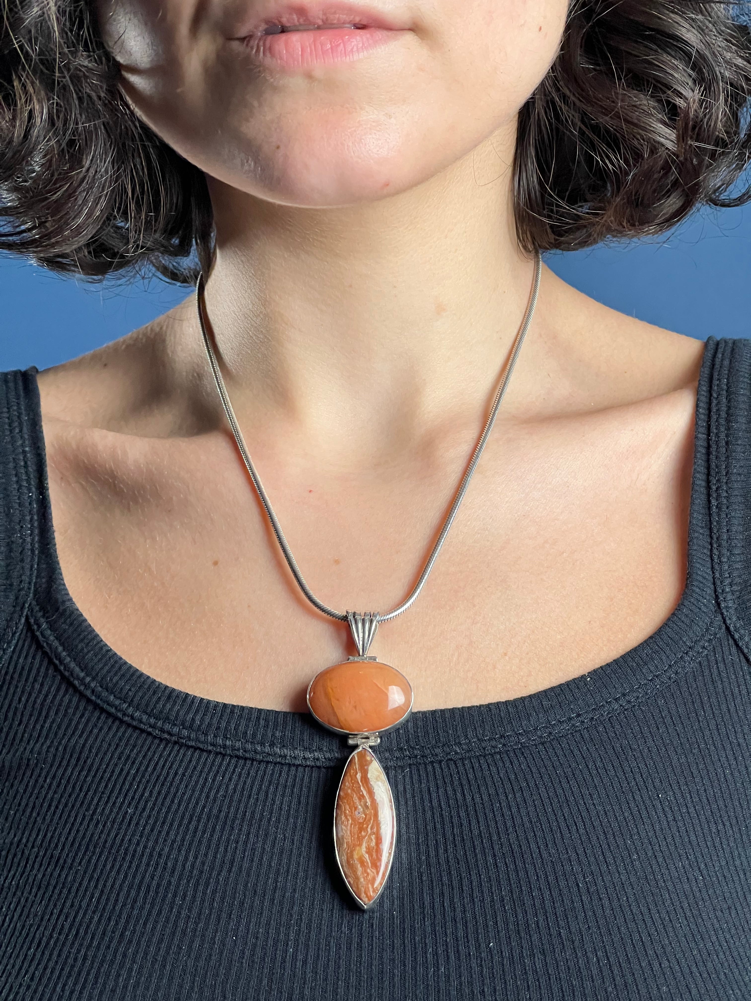 Vintage 1960s Orange Selenite & Orange Calcite Stone Pendant Silver Necklace w/ Link Chain