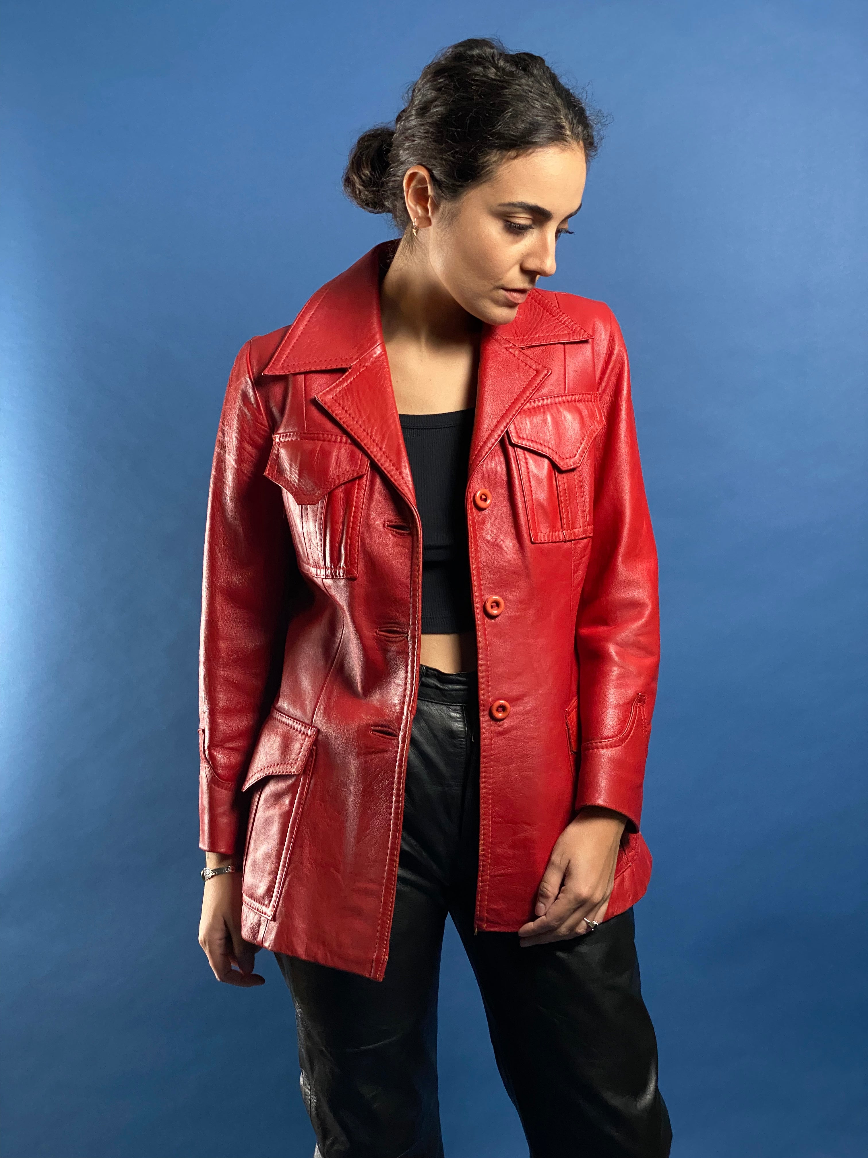 Vintage 1970s Red Leather Mod Jacket