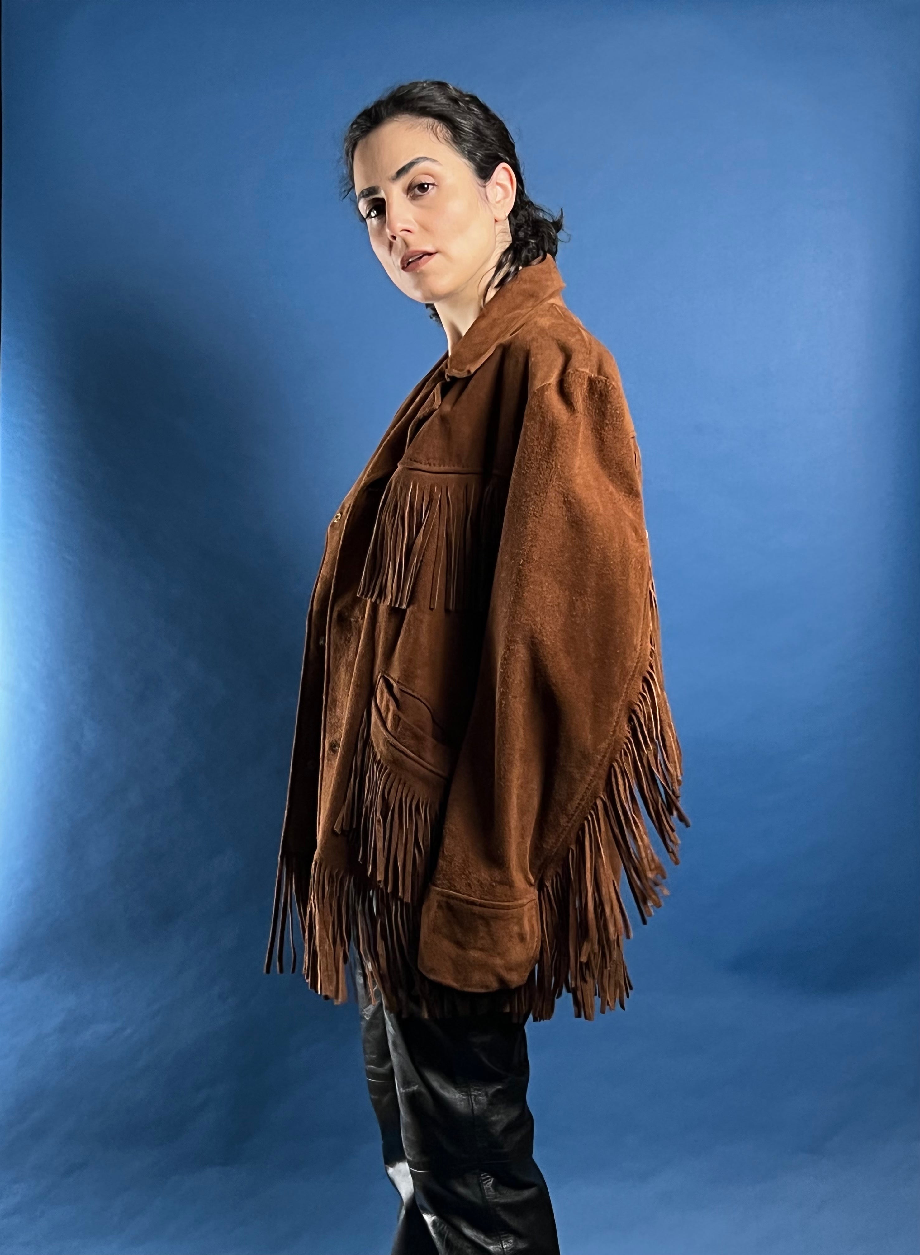 Vintage 1980s Suede Tan Western Jacket w/ Fringe