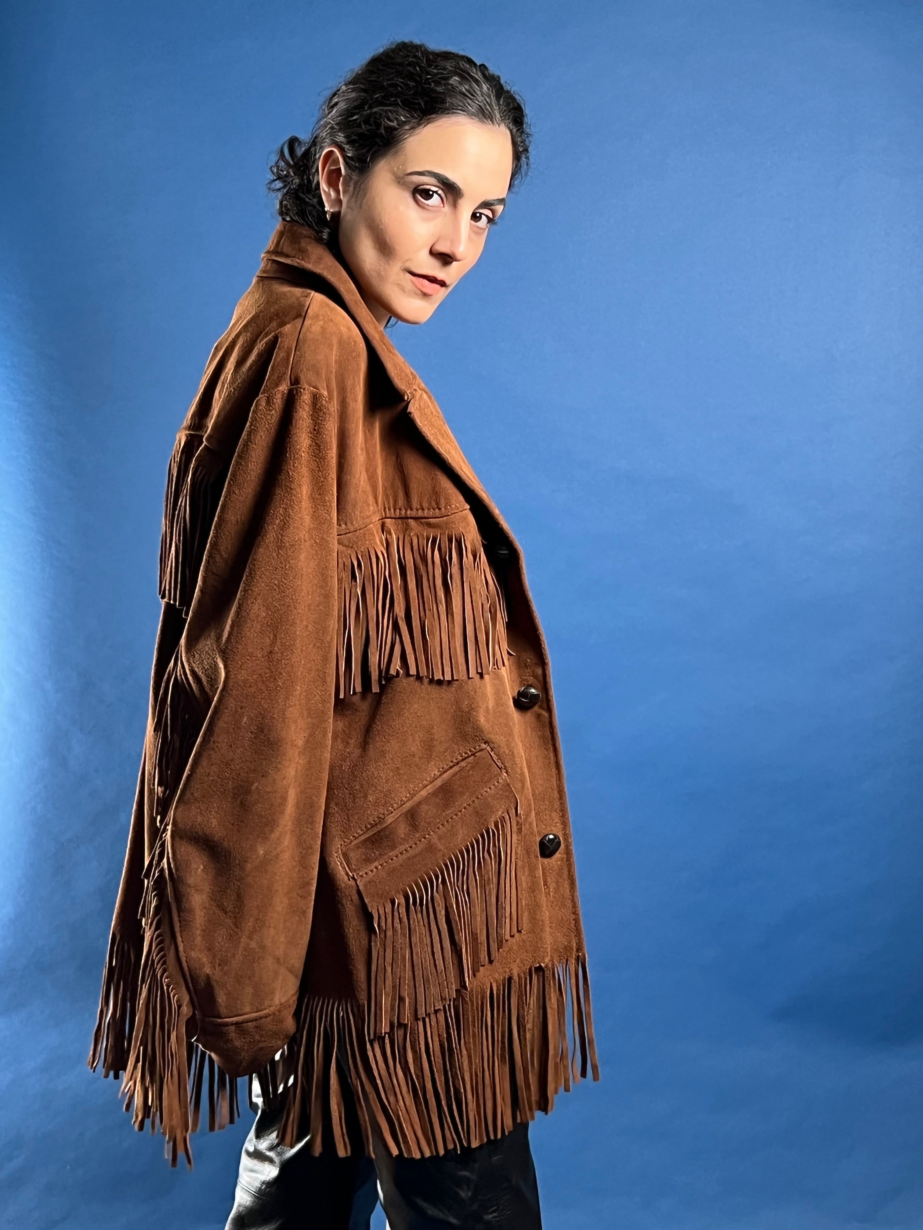 Vintage 1980s Suede Tan Western Jacket w/ Fringe