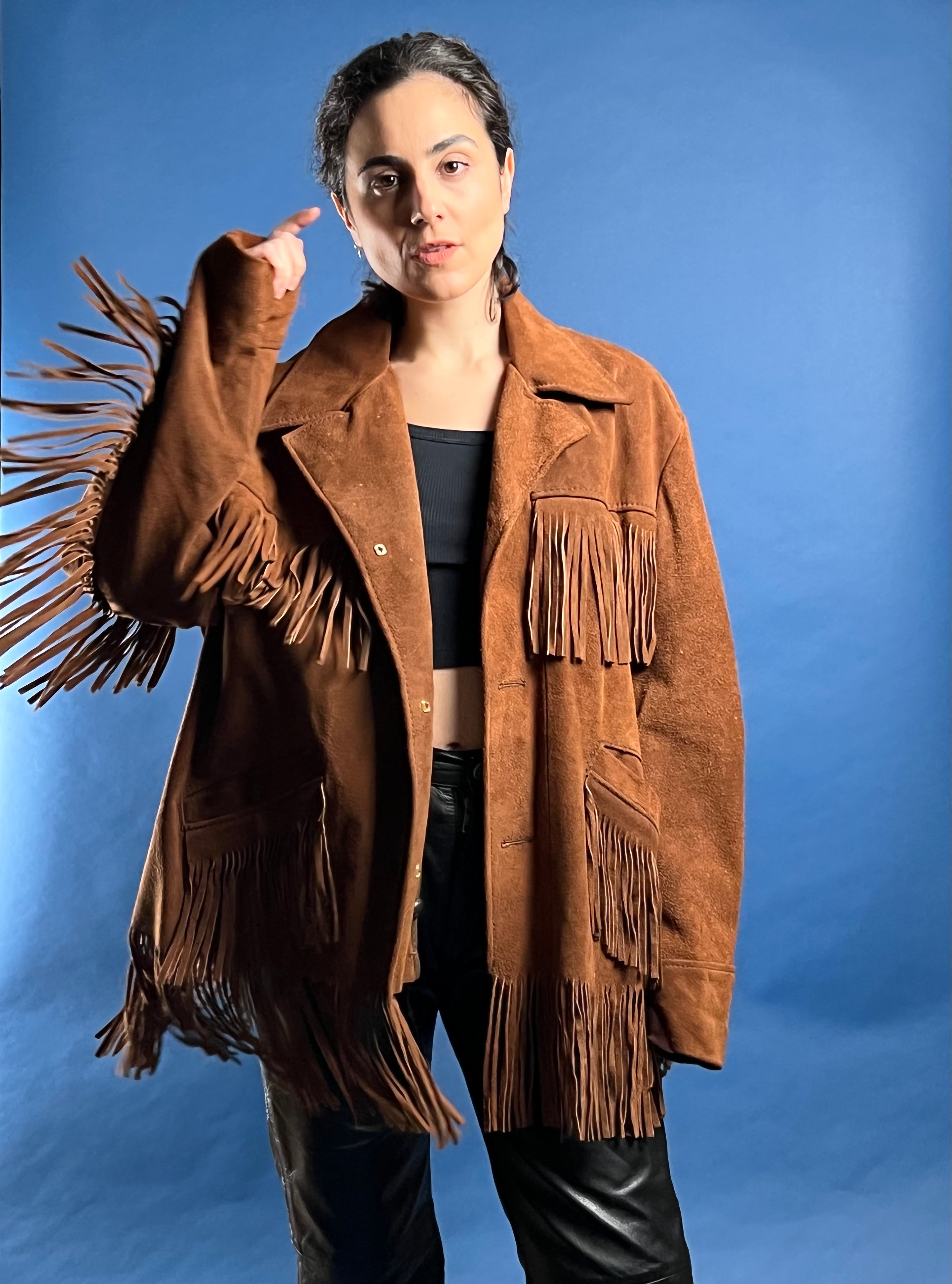 Vintage 1980s Suede Tan Western Jacket w/ Fringe