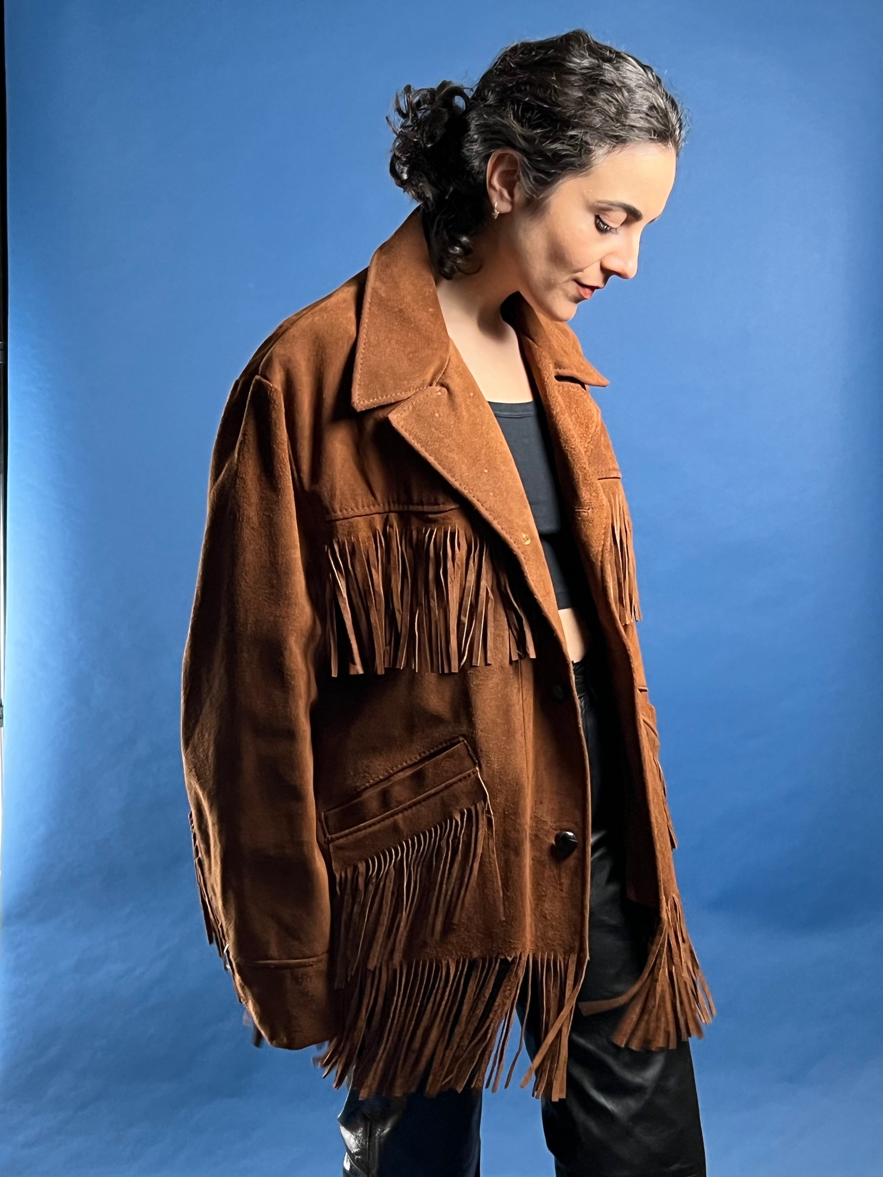 Vintage 1980s Suede Tan Western Jacket w/ Fringe