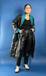 Load image into Gallery viewer, Vintage 1970s Long Black &amp; Blue Lightweight Puffer Jacket
