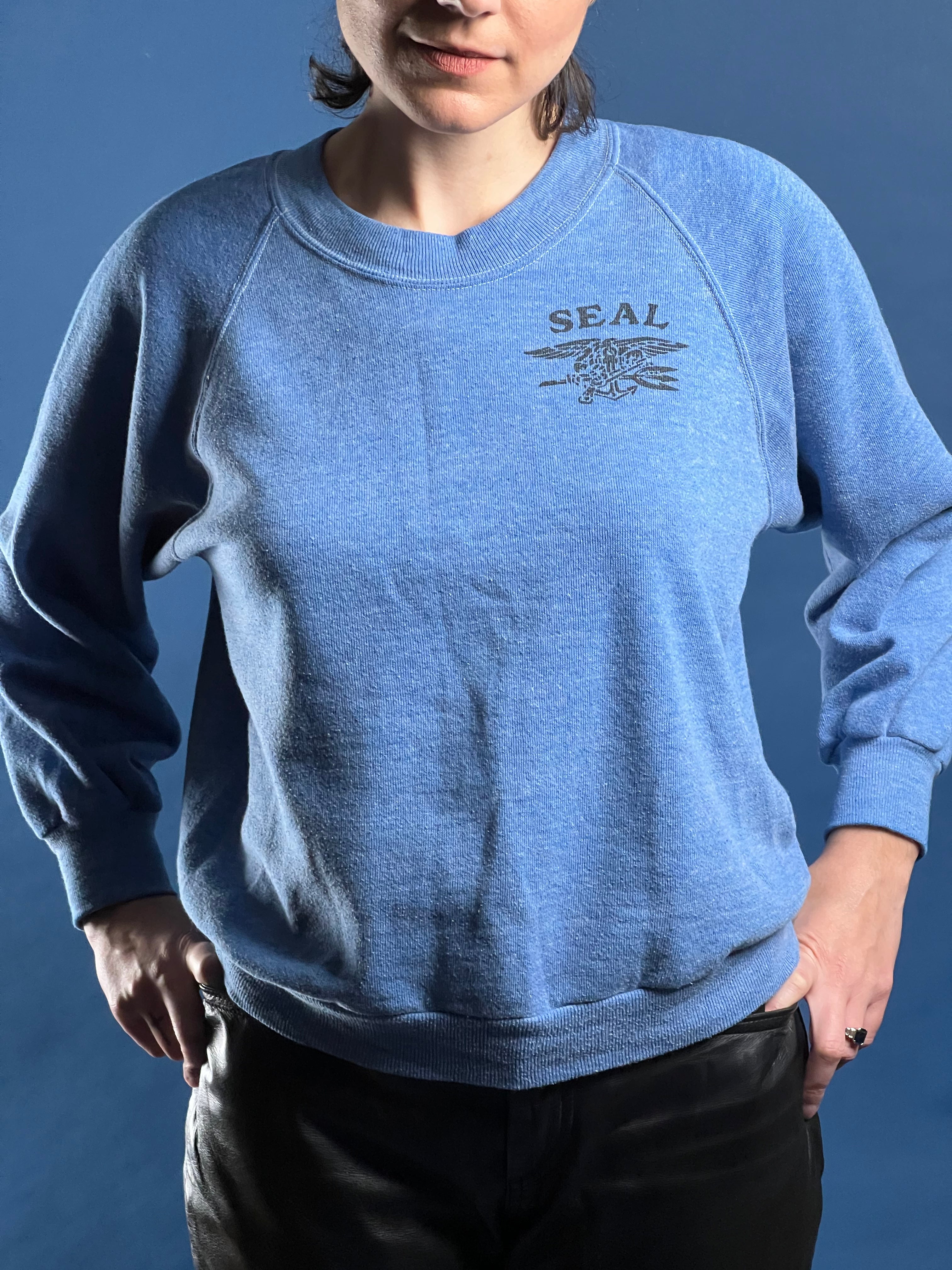 Vintage 1970s Blue 50/50 Sweatshirt w/ Seal Team One Graphic