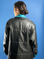 Load image into Gallery viewer, Vintage 1970s Long Black &amp; Blue Lightweight Puffer Jacket
