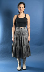 Load image into Gallery viewer, Vintage 1990s Silver Viscose Midi Tiered Skirt, Made in Italy
