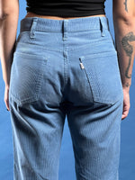Load image into Gallery viewer, Vintage 1970s Big E White Label Levi&#39;s Corduroy Light Blue Flare Trousers
