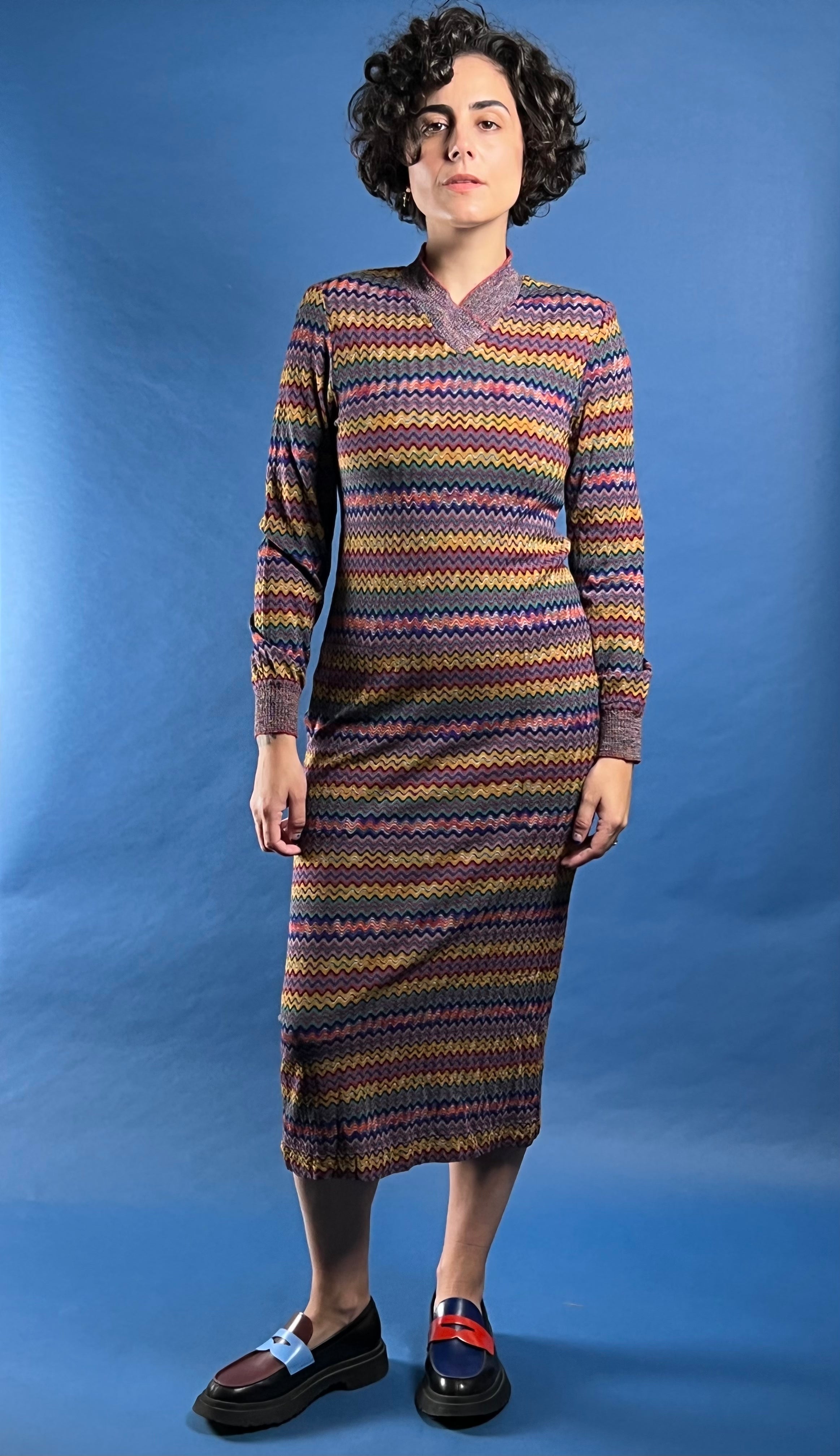 Vintage RARE 1980s Brown Label MISSONI Zig Zag Iconic Pattern Midi Knit Dress w/ Pockets