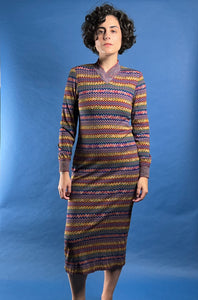 Vintage RARE 1980s Brown Label MISSONI Zig Zag Iconic Pattern Midi Knit Dress w/ Pockets