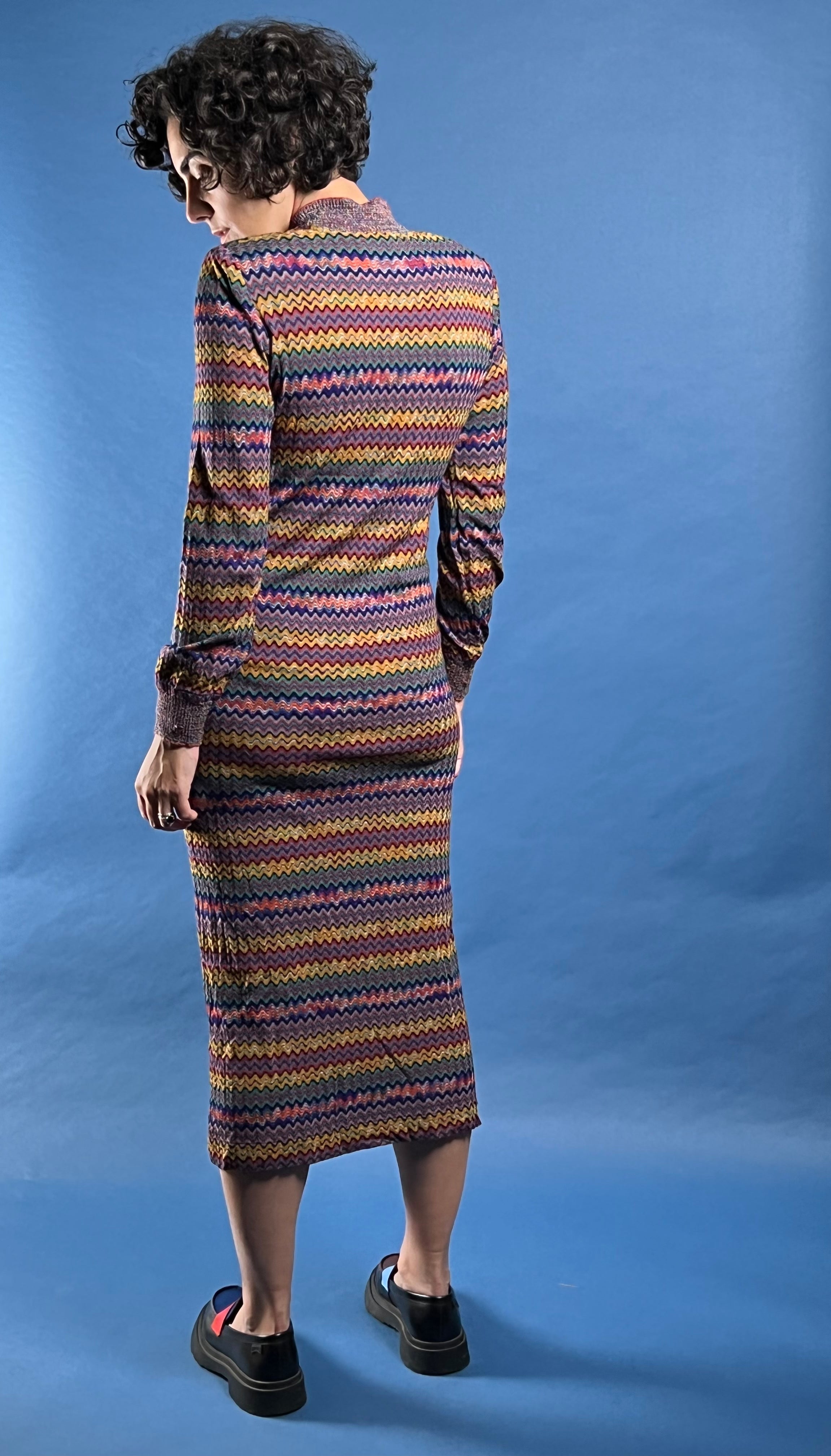 Vintage RARE 1980s Brown Label MISSONI Zig Zag Iconic Pattern Midi Knit Dress w/ Pockets