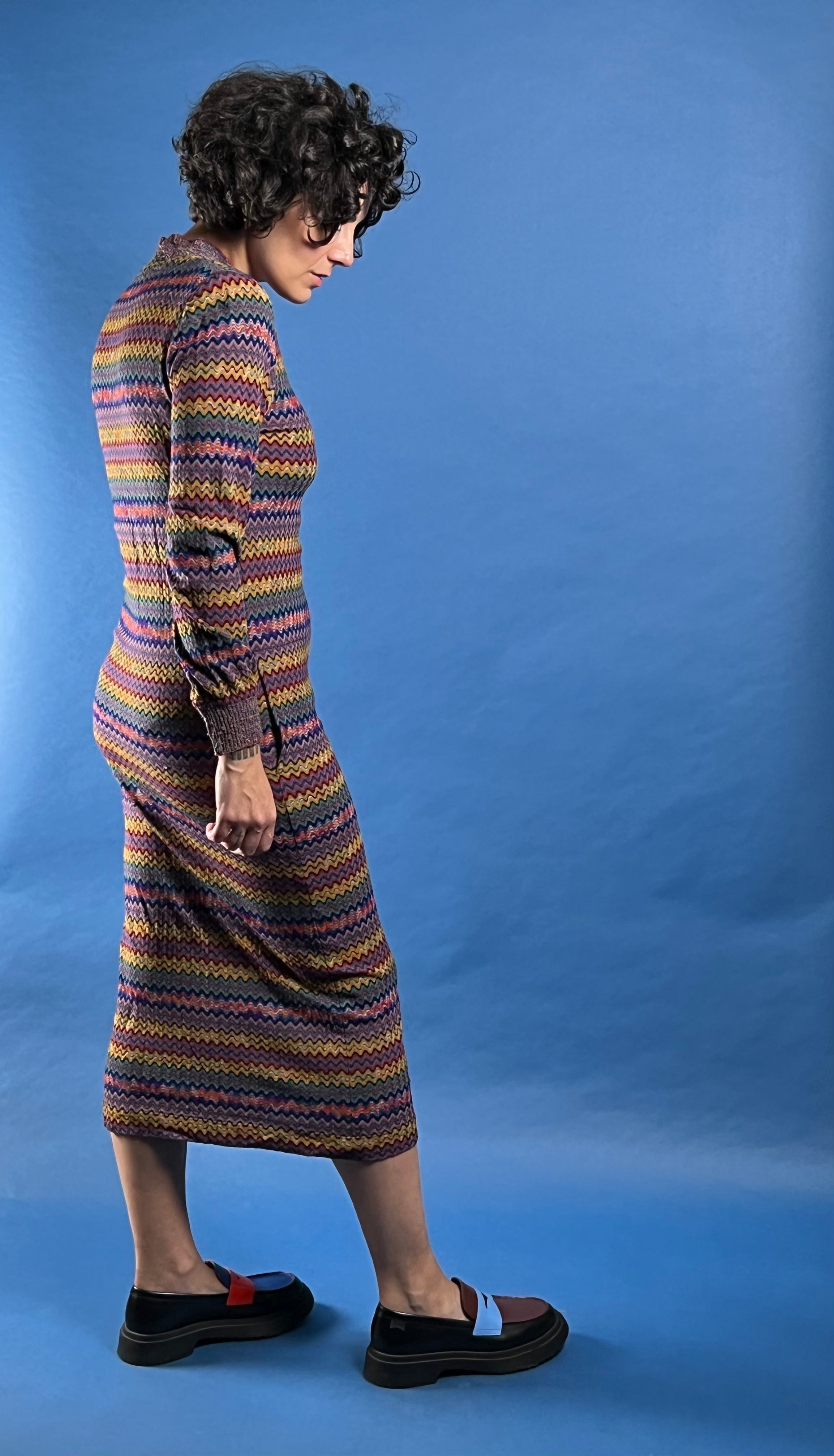 Vintage RARE 1980s Brown Label MISSONI Zig Zag Iconic Pattern Midi Knit Dress w/ Pockets