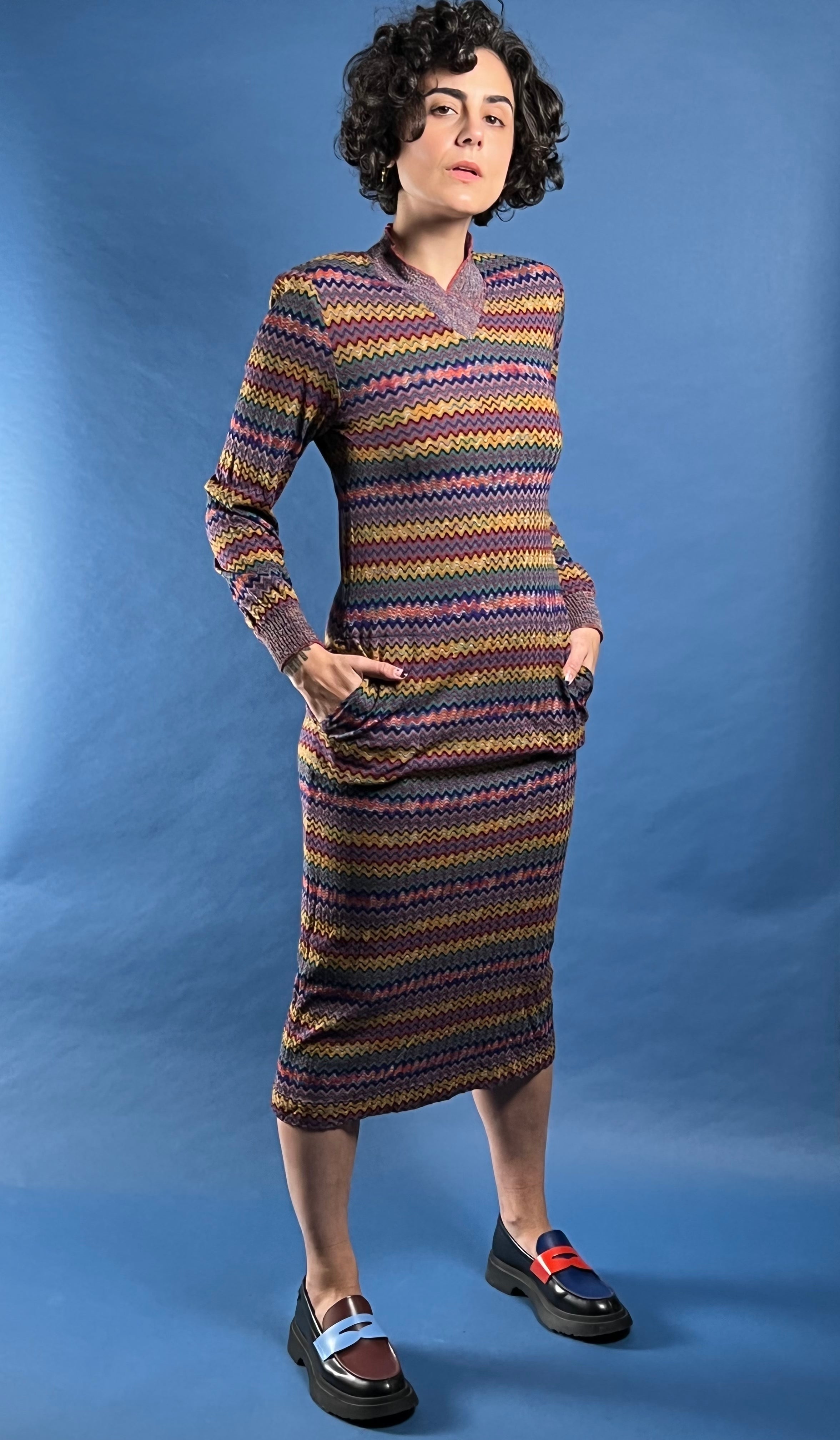 Vintage RARE 1980s Brown Label MISSONI Zig Zag Iconic Pattern Midi Knit Dress w/ Pockets