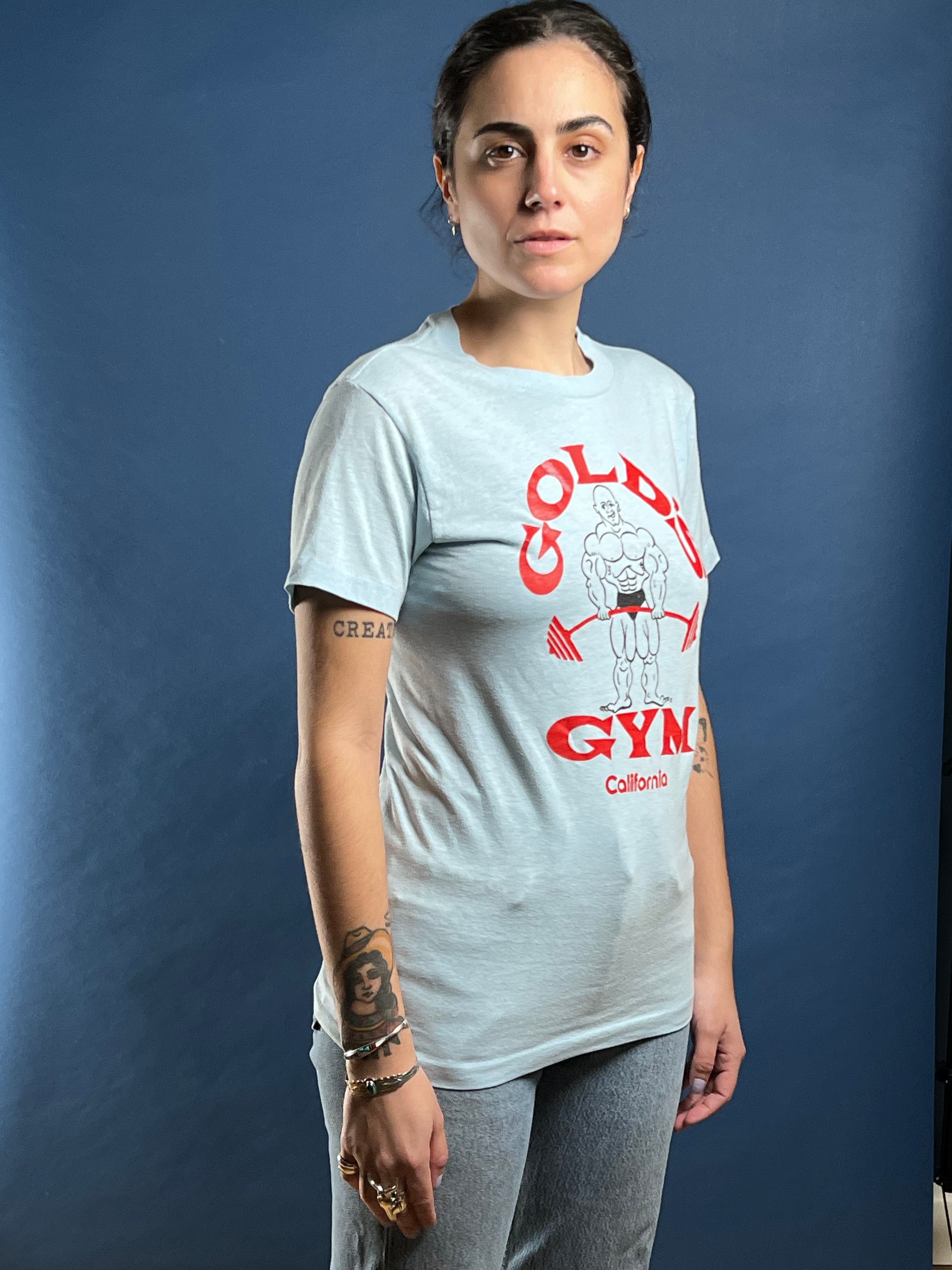 Vintage 1980s GOLD'S GYM Baby Blue T-shirt