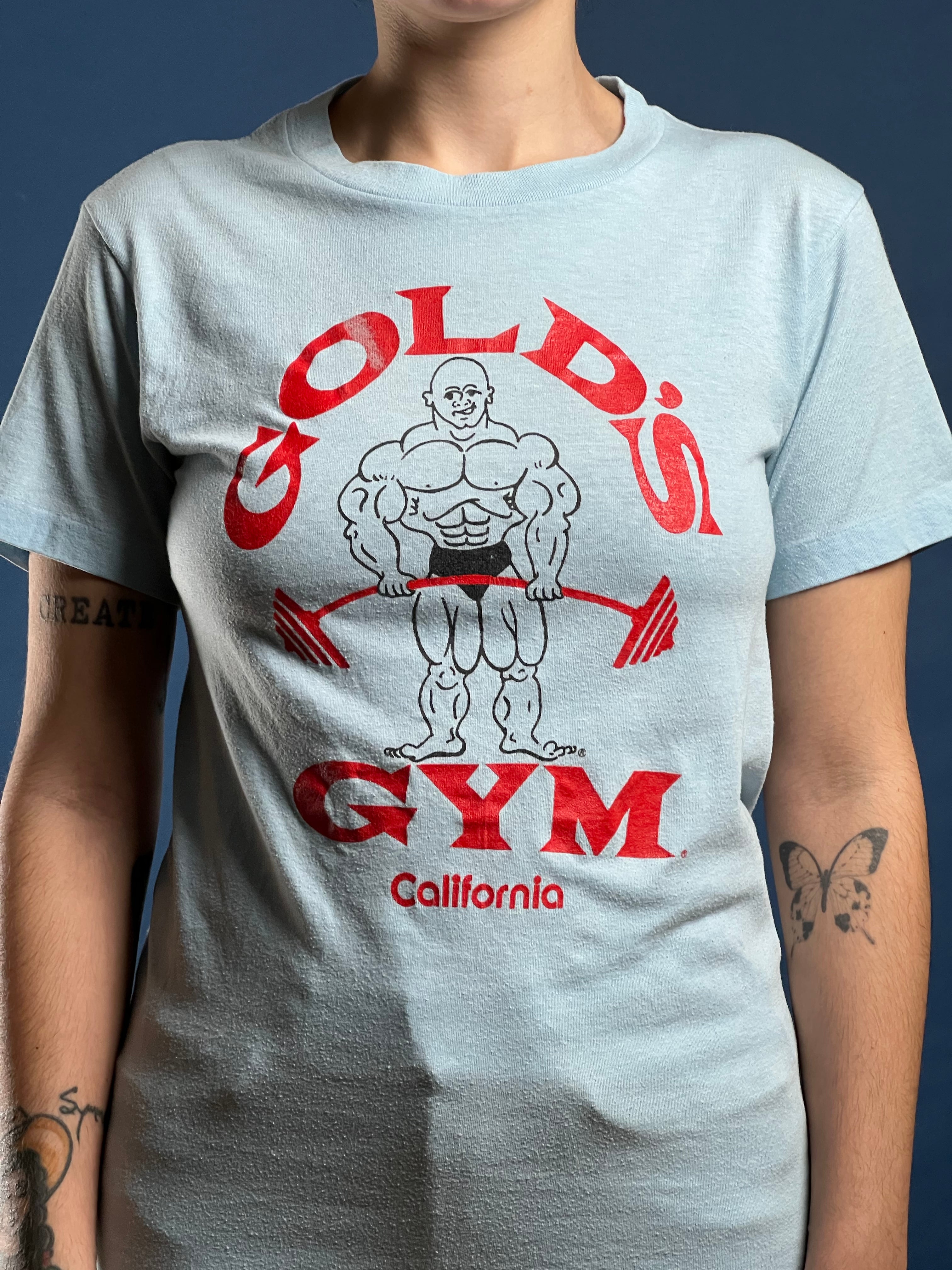 Vintage 1980s GOLD'S GYM Baby Blue T-shirt