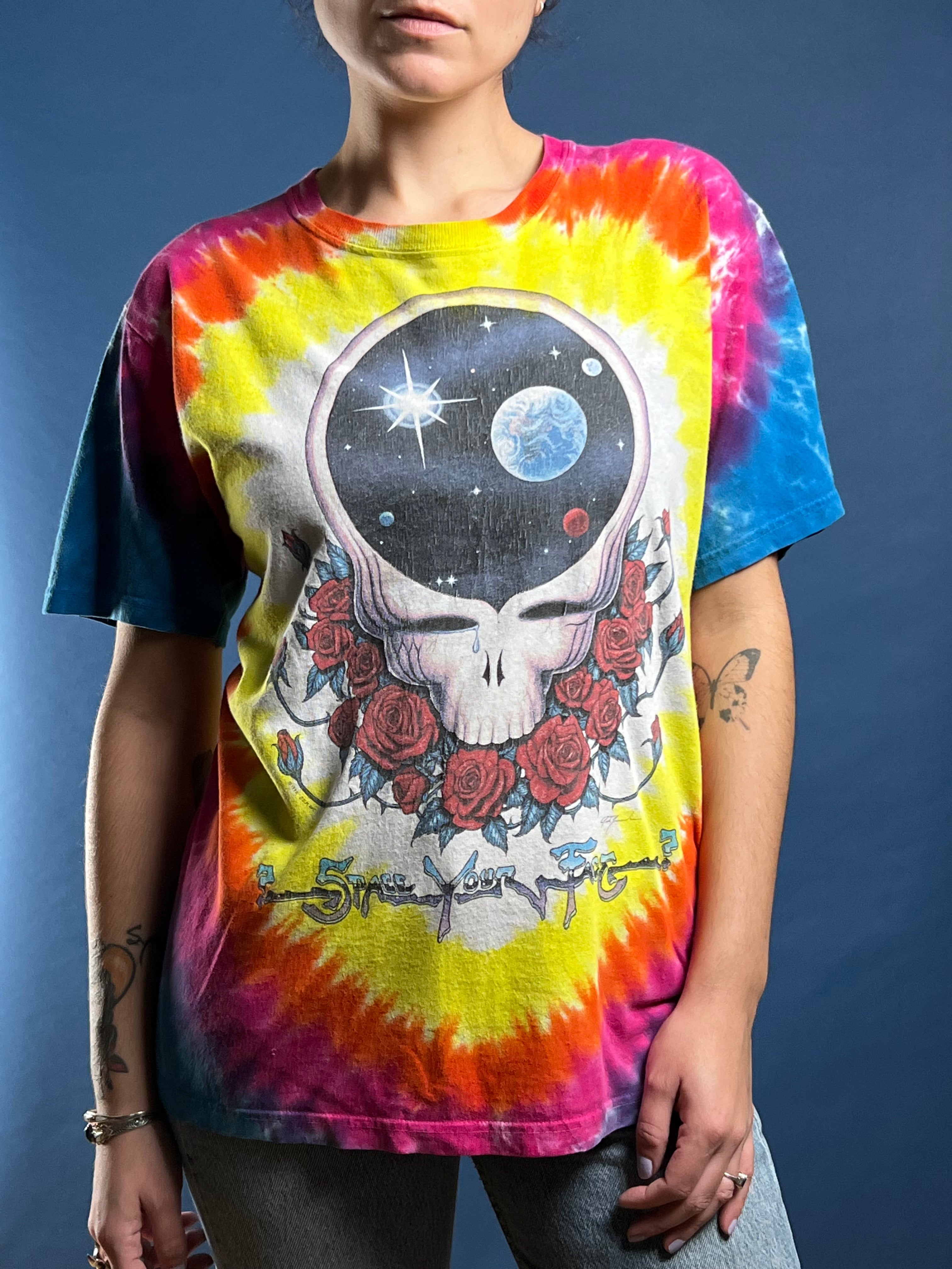 Vintage 1992 Grateful Dead Tie Dye T-shirt w/ "Space your Face" Illustration, 2000s' Reprint