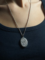 Load image into Gallery viewer, Antique 1920s Silver Necklace w/ Large Locket w/ Floral Engraving
