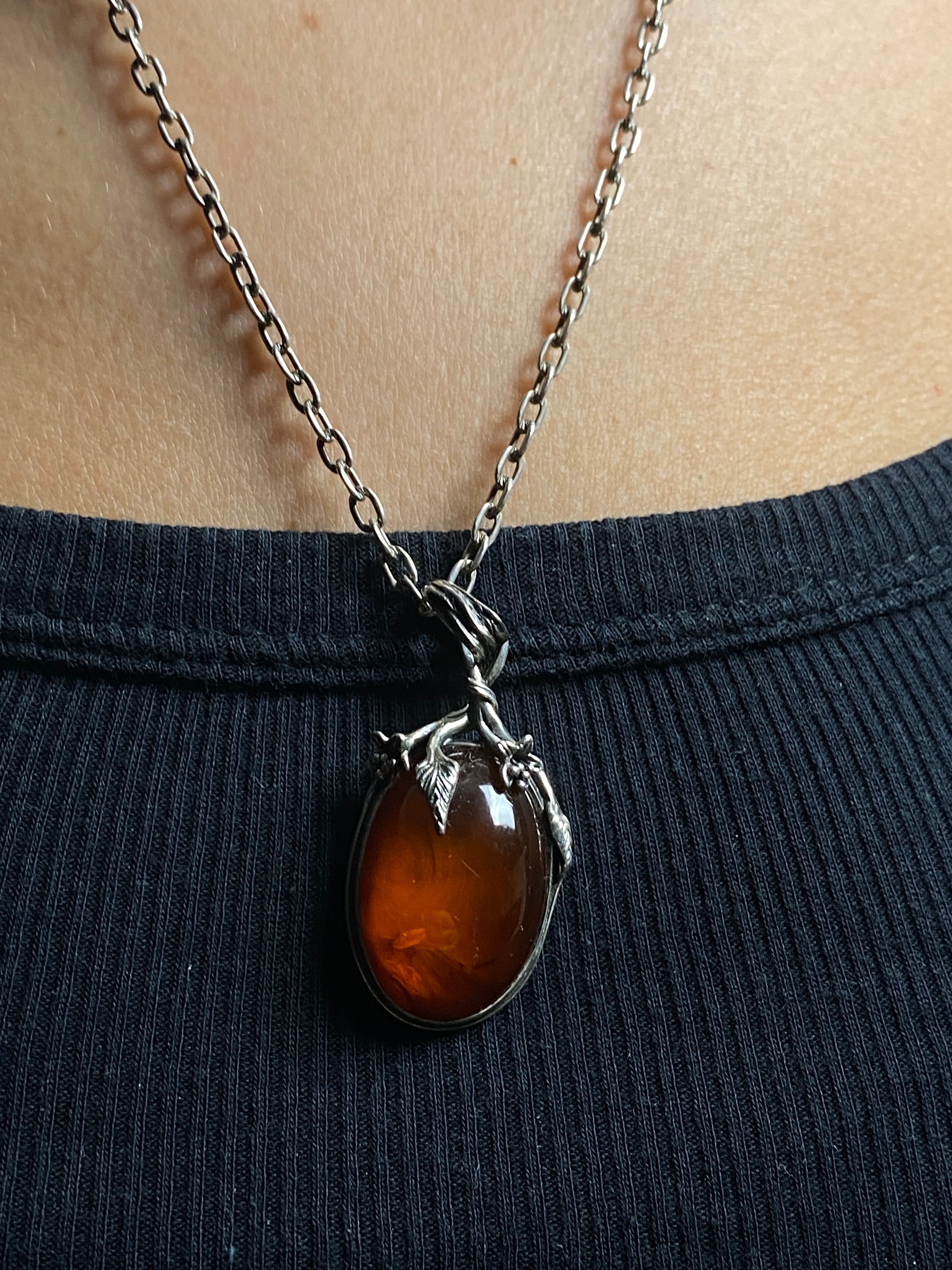 Antique Art Nouveau 1930s Amber & Silver Pendant Necklace