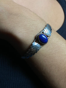 Vintage 1970s Native American Silver Cuff w/ Floral style & Lapis Lazuli Stone