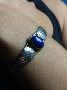 Vintage 1970s Native American Silver Cuff w/ Floral style & Lapis Lazuli Stone