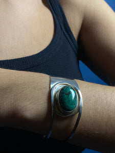 Vintage Mexico Silver Malachite Cuff Bracelet