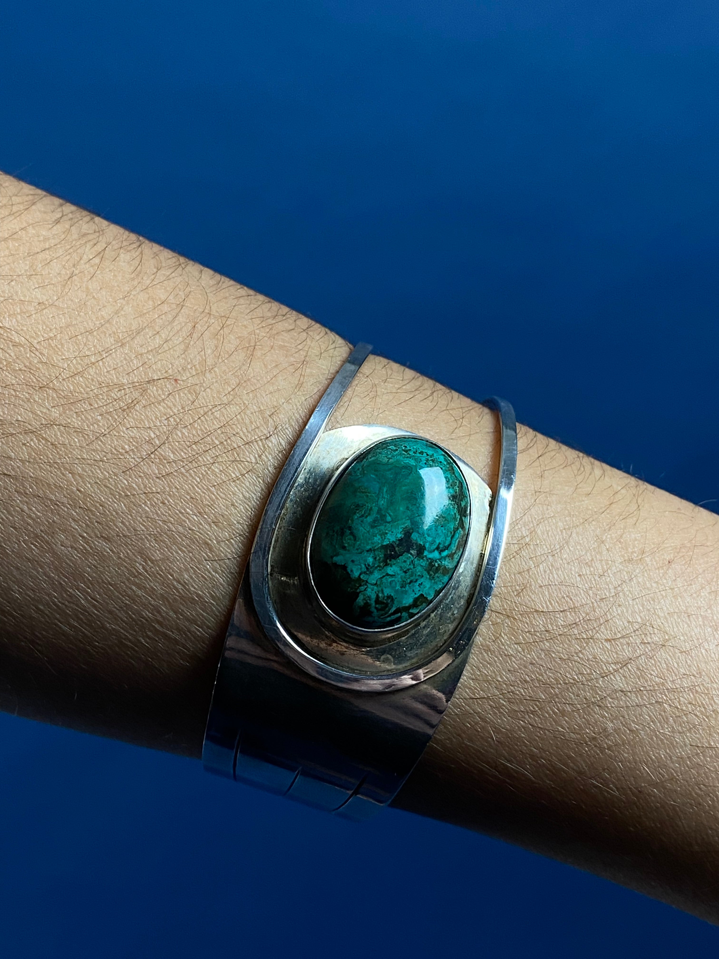 Vintage Mexico Silver Malachite Cuff Bracelet