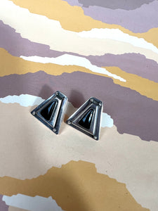 Vintage 1960s Brutalist Style Silver Earrings w/ Onyx Stone