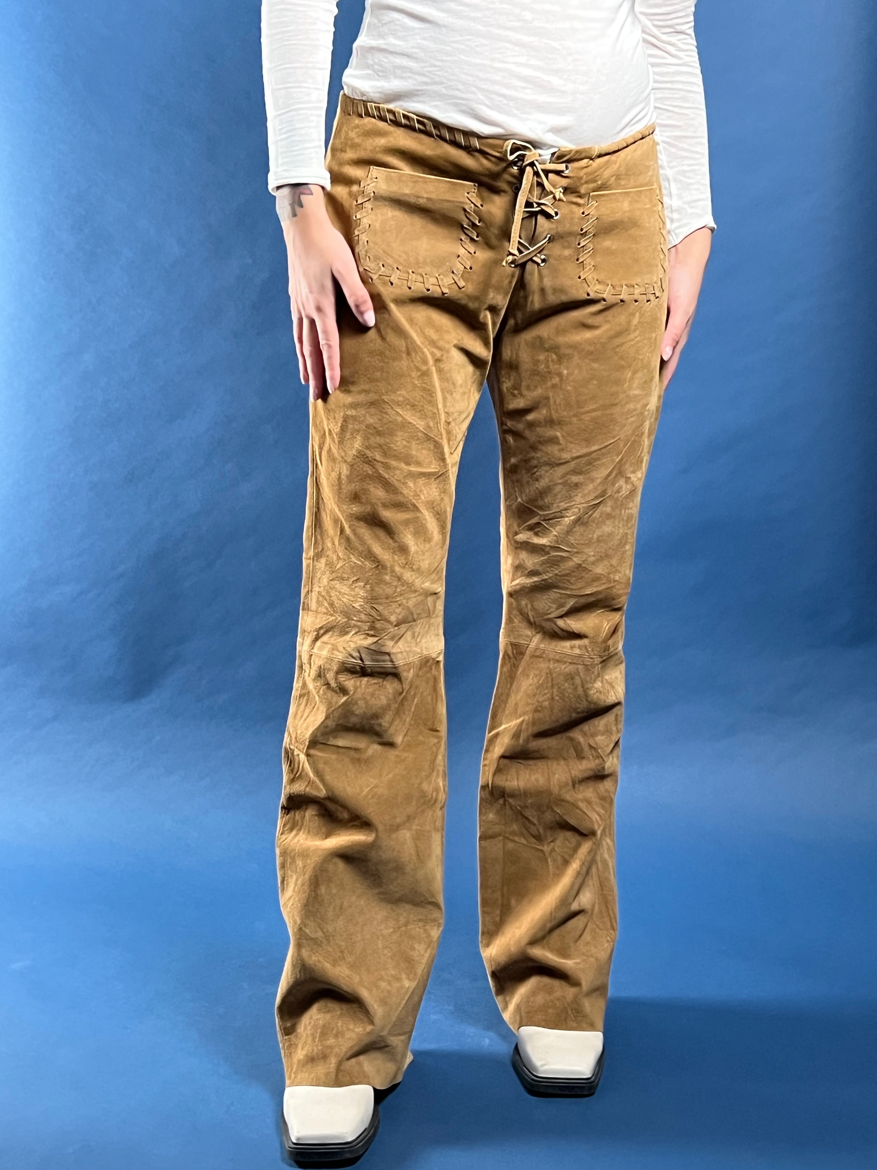 Vintage 1990s Leather Suede Bootcut Low waist Light Brown Trousers