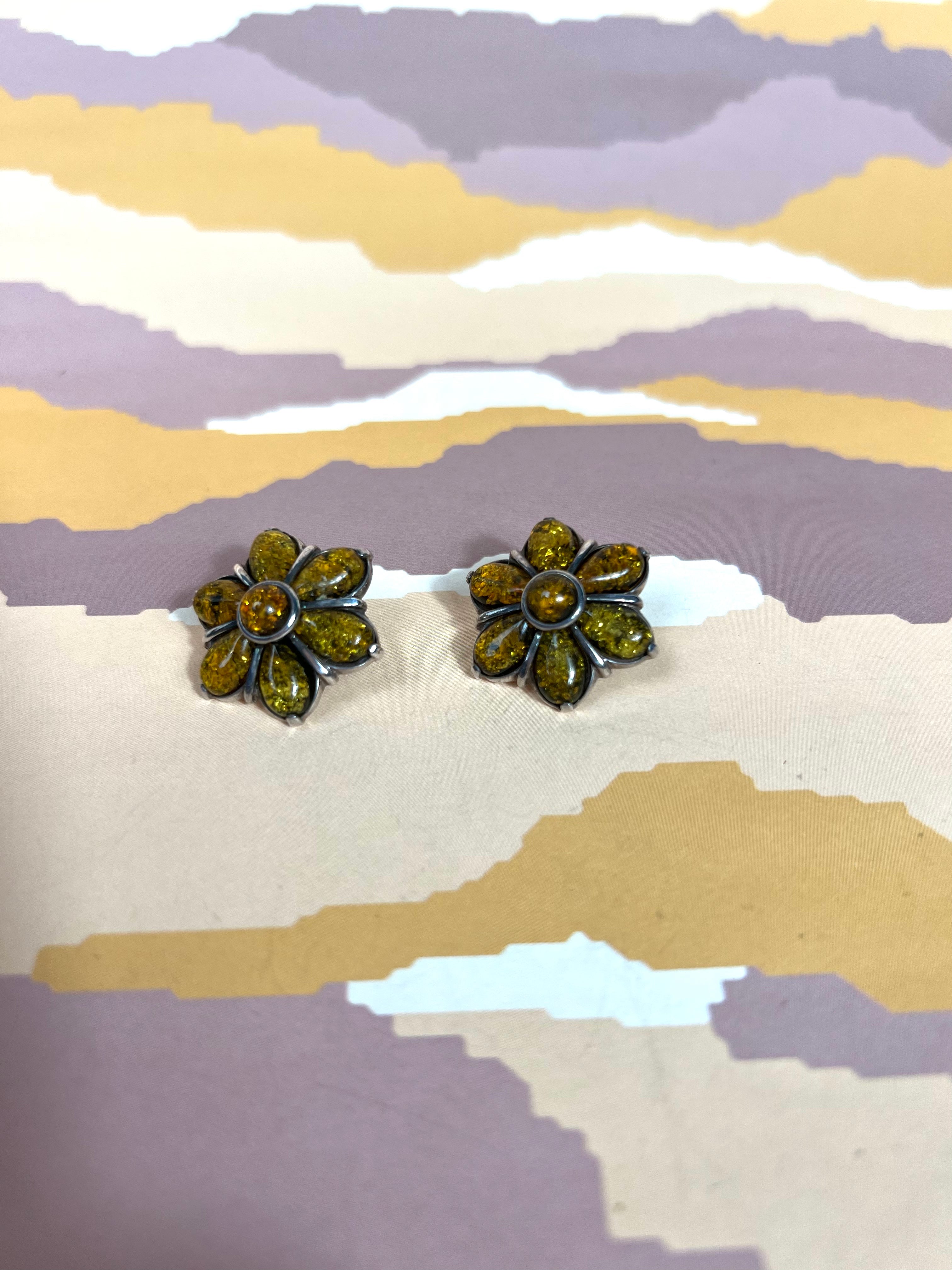 Vintage Silver Earrings w/ Green Amber Stones and Floral Design