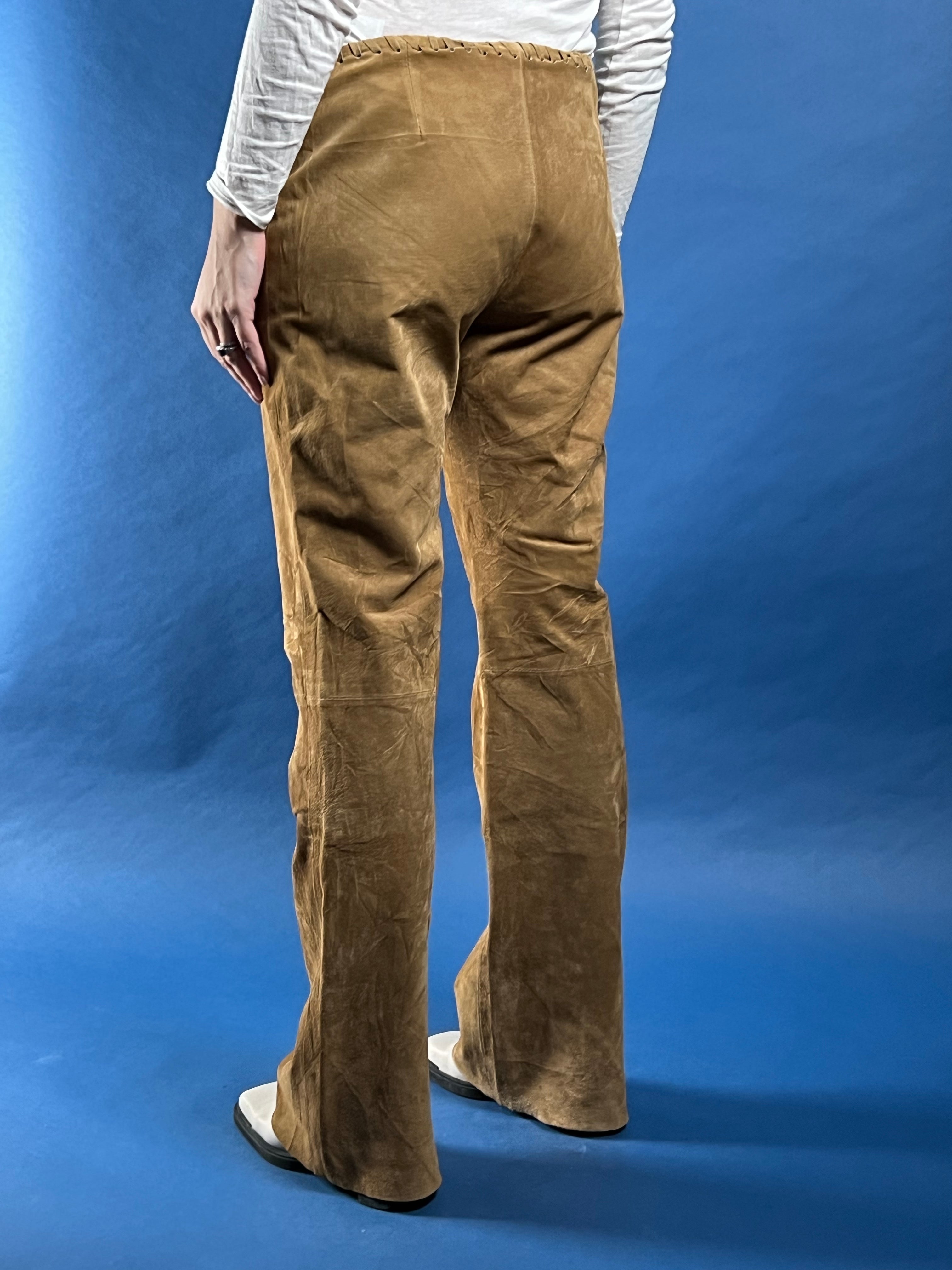 Vintage 1990s Leather Suede Bootcut Low waist Light Brown Trousers